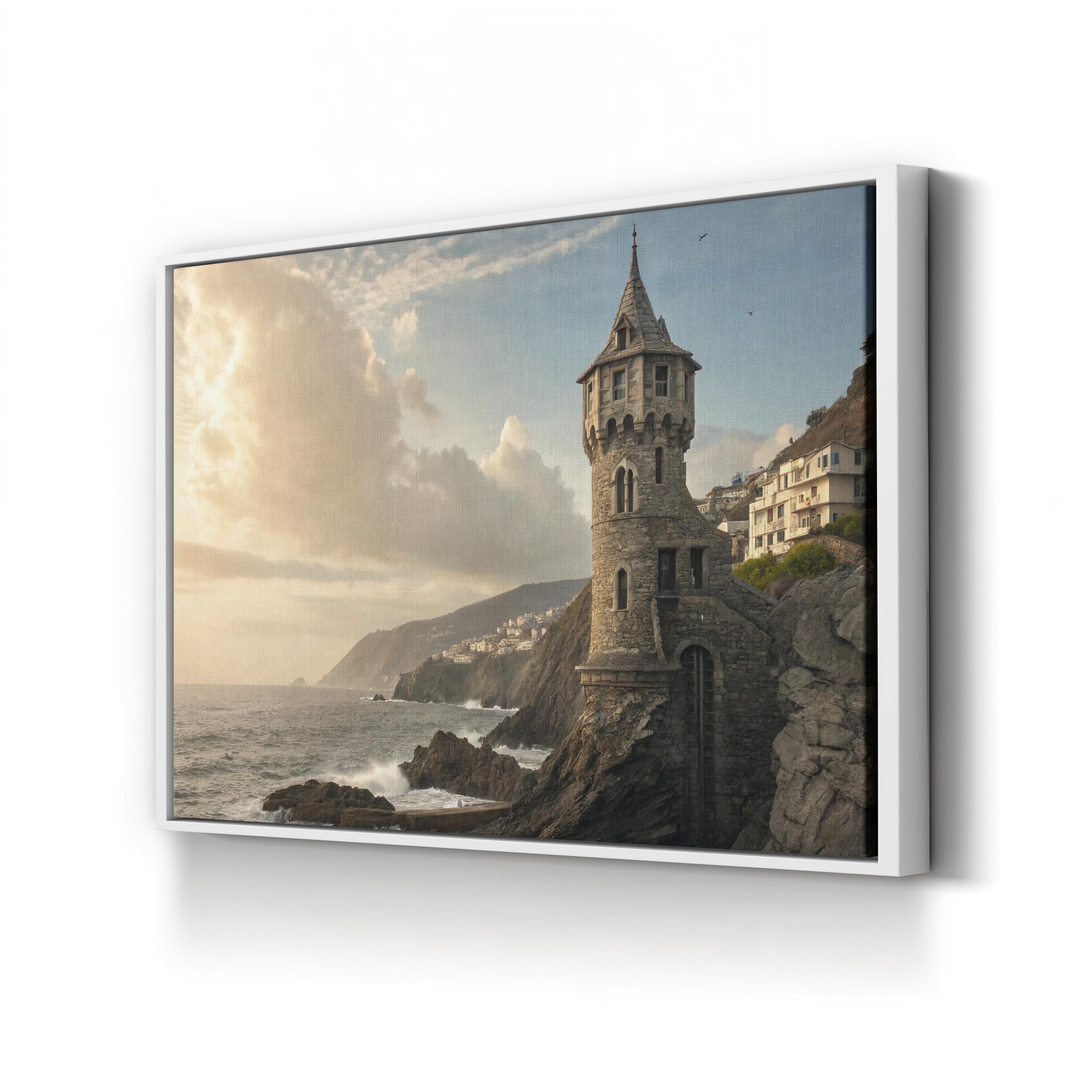 Whimsical Castle Coastal Canvas Wall Art — Storybook Beach Landscape Print