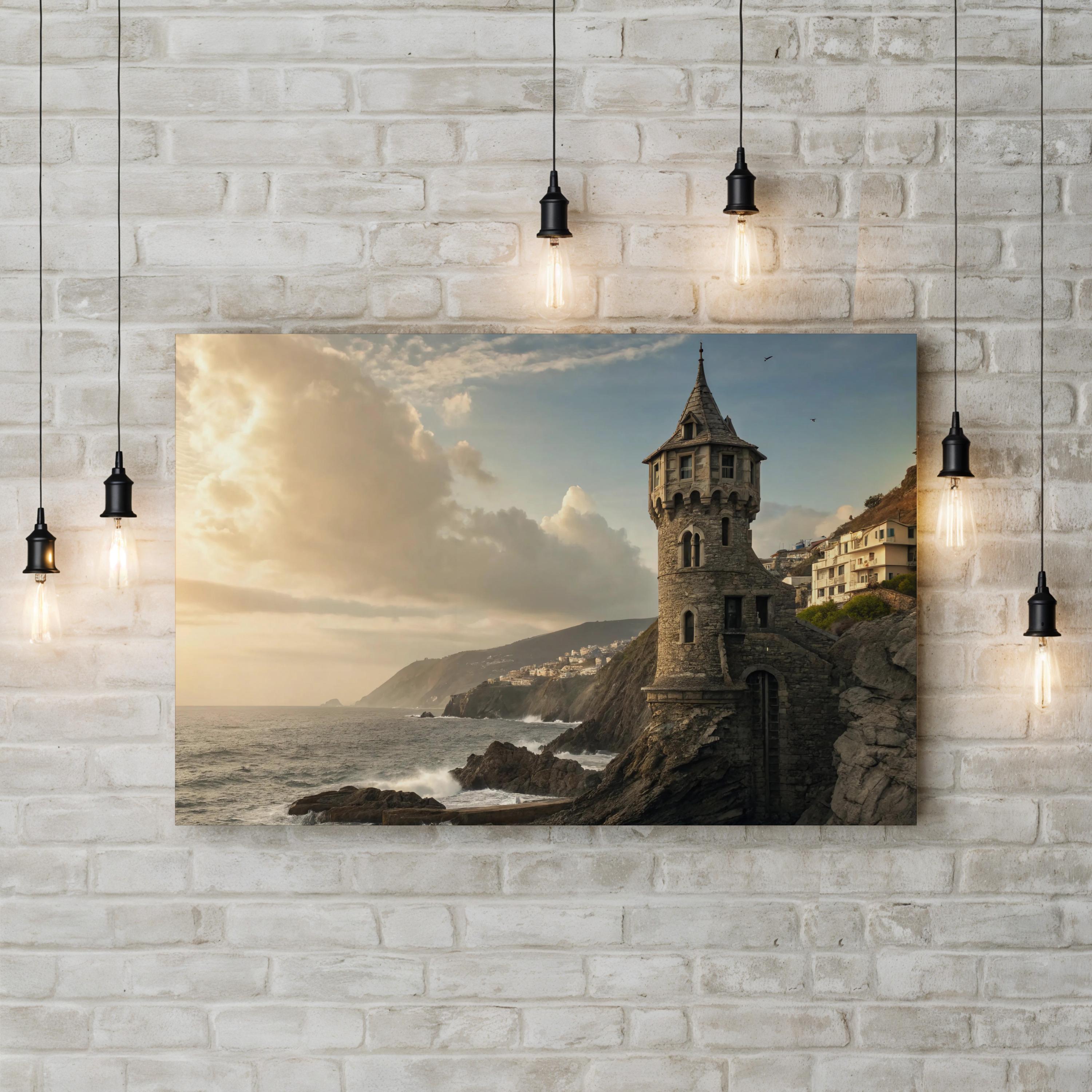 Whimsical Castle Coastal Canvas Wall Art — Storybook Beach Landscape Print