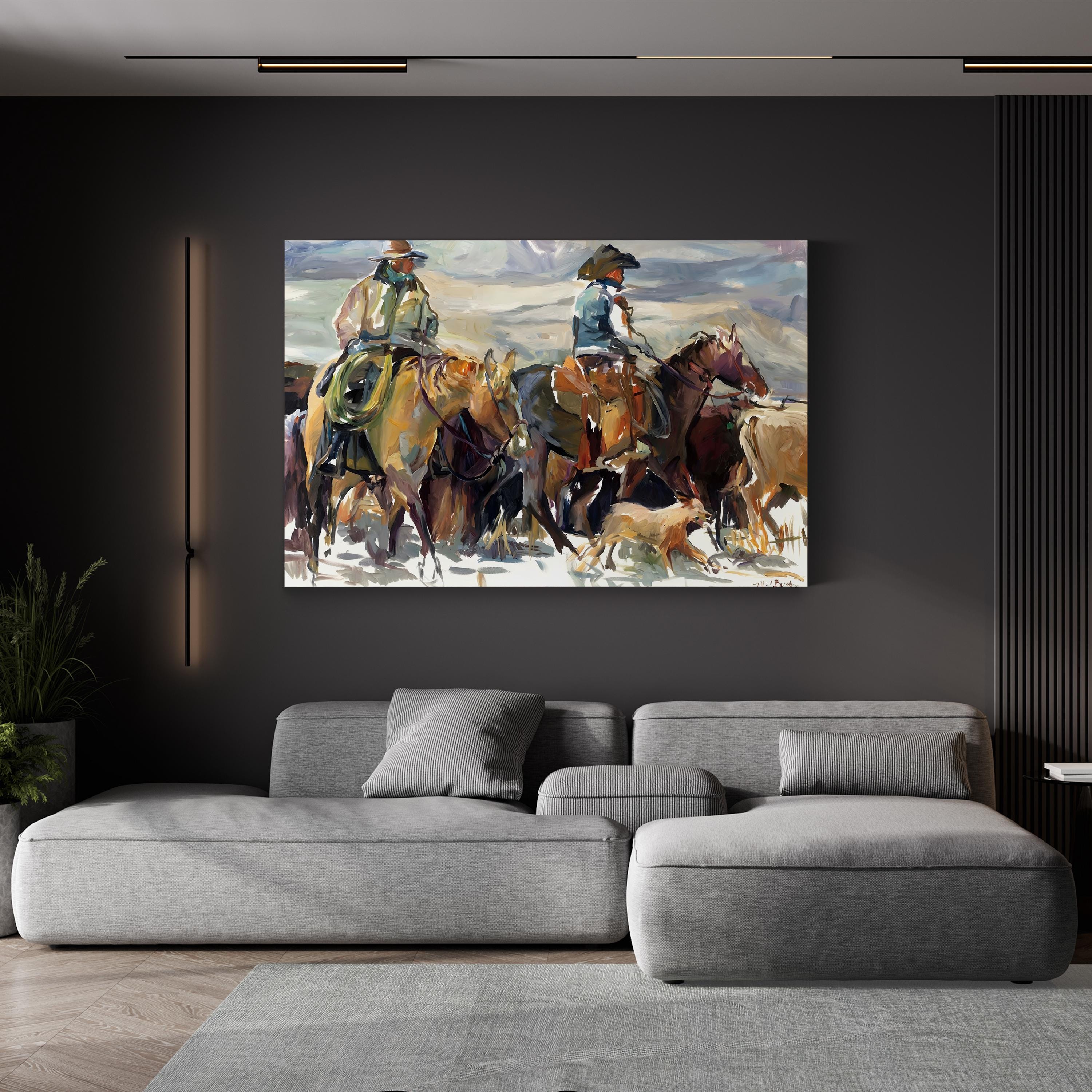 The Roundup Cowboy Landscape – Period Illustration Wall Art | Western Canvas Print
