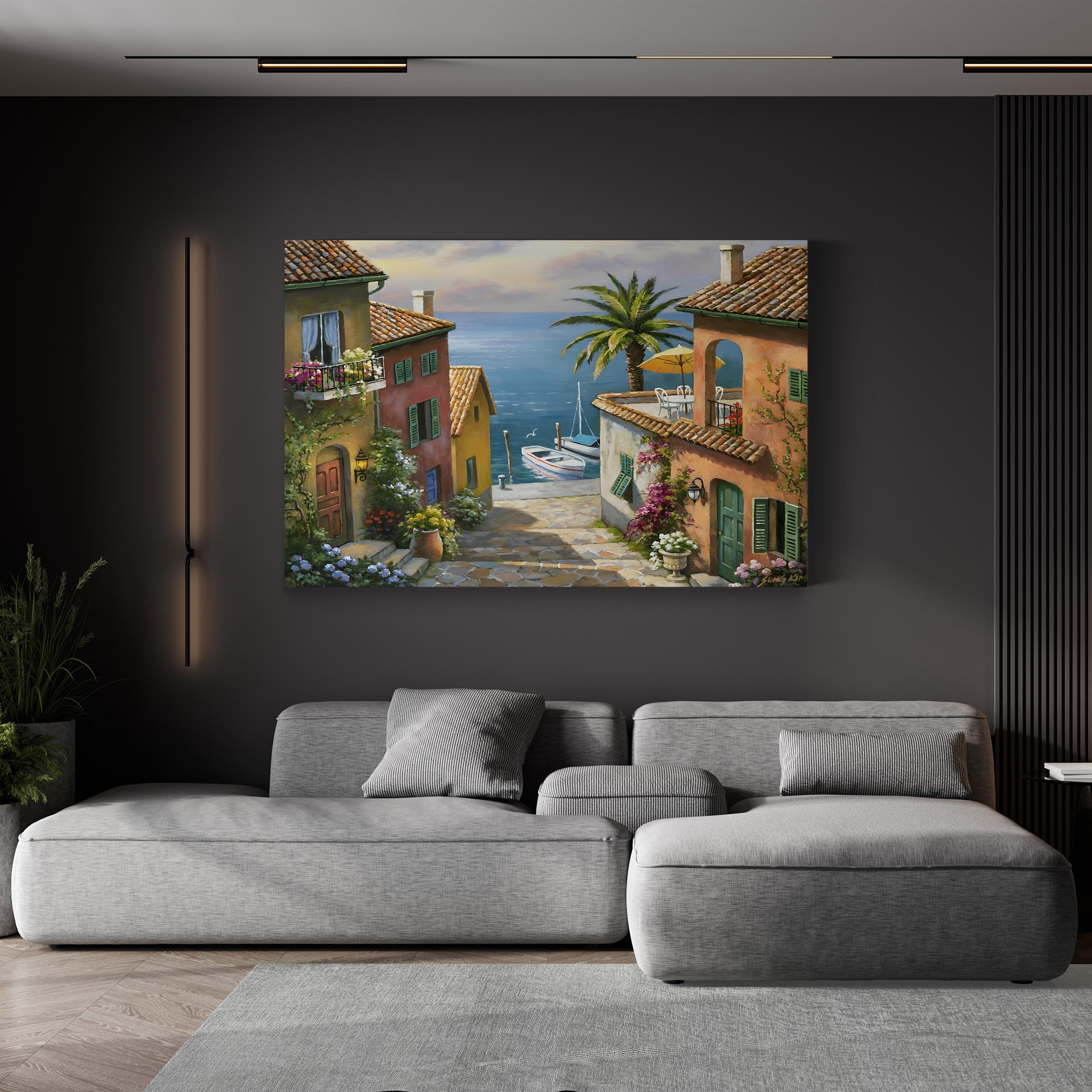 The Villas Private Dock | Mediterranean Village Coastal Wall Art by Sung Kim