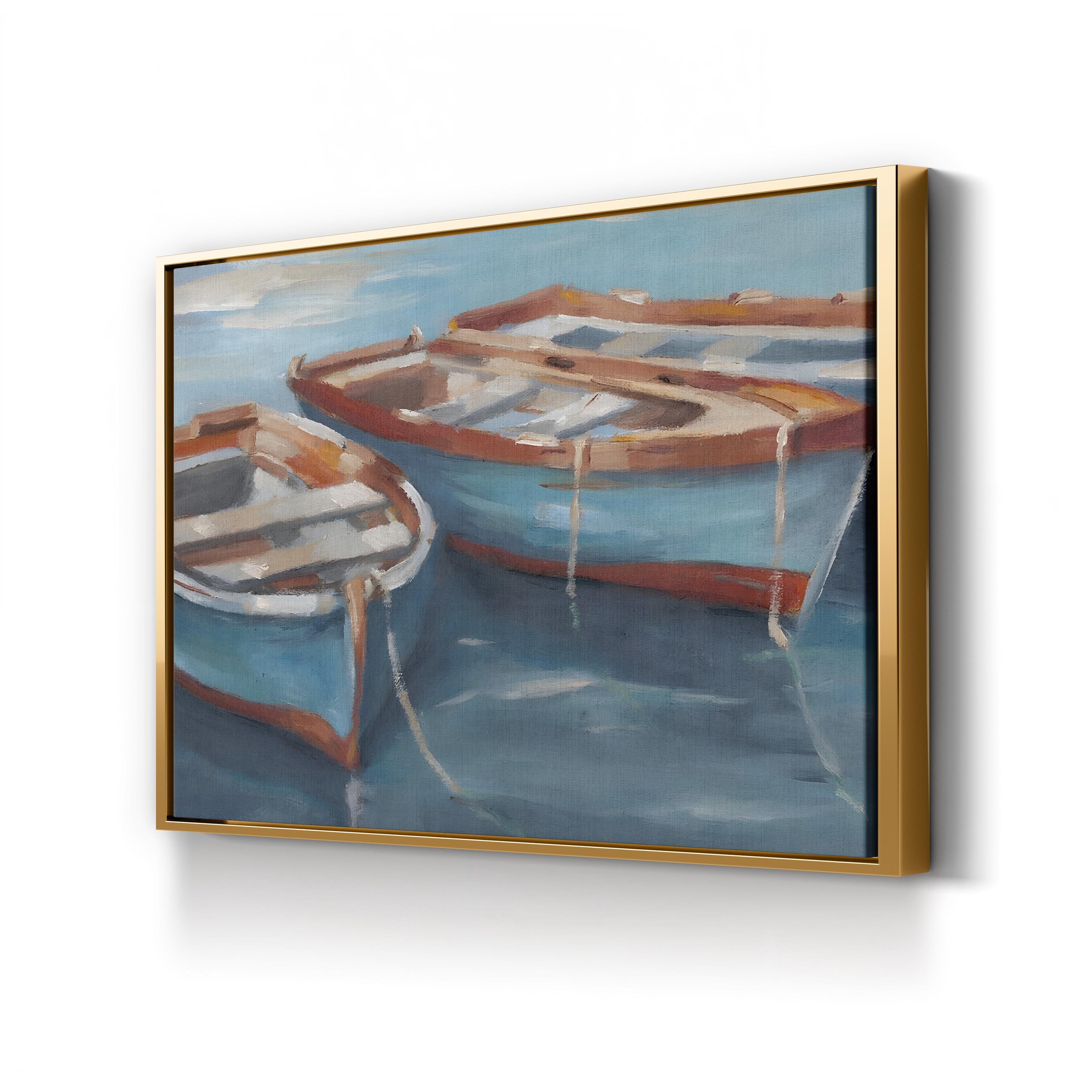 Tethered Row Boats II – Framed Coastal Nautical Landscape Canvas Art by Ethan Harper