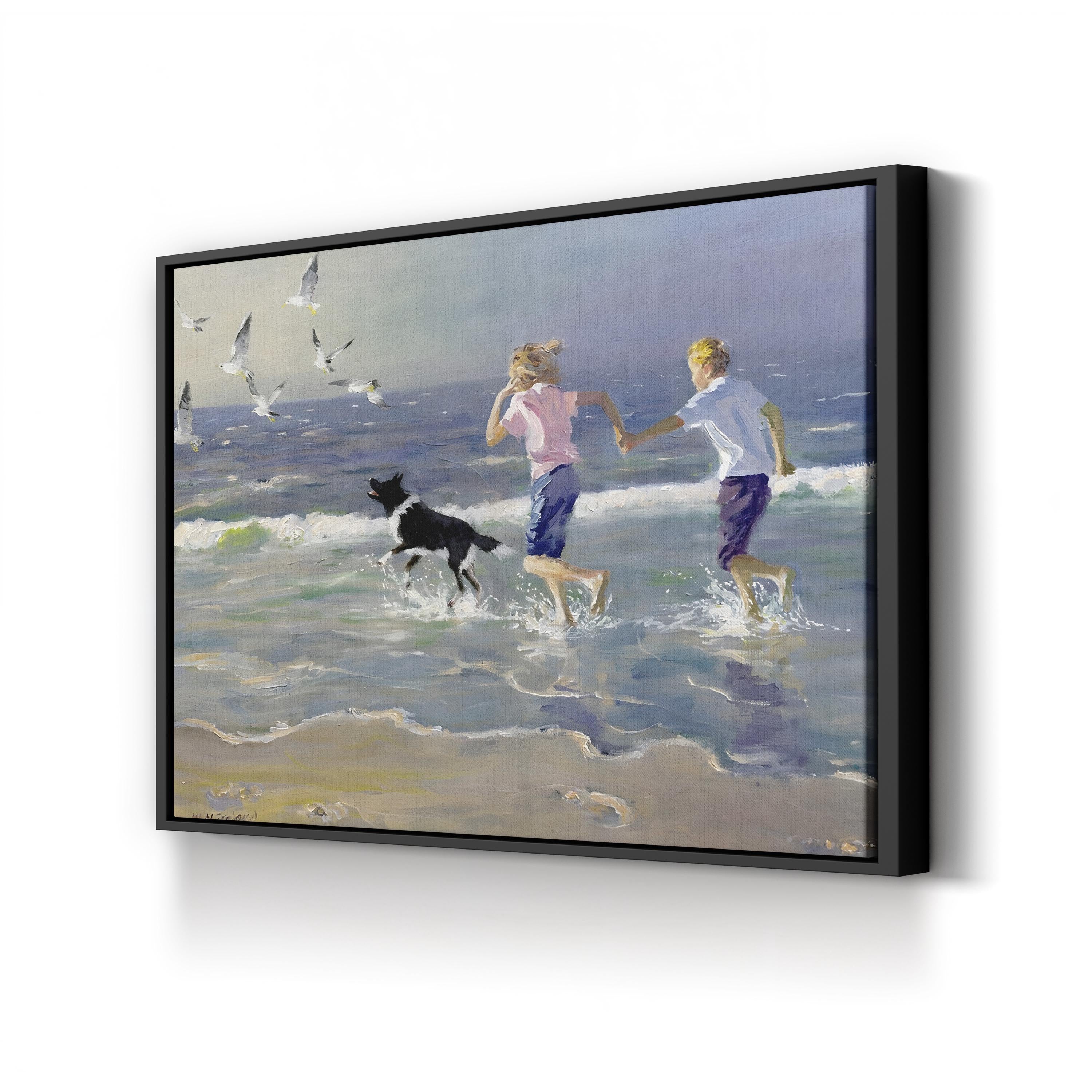 Children and Dog Beach Canvas Art Print: Coastal Ocean Landscape