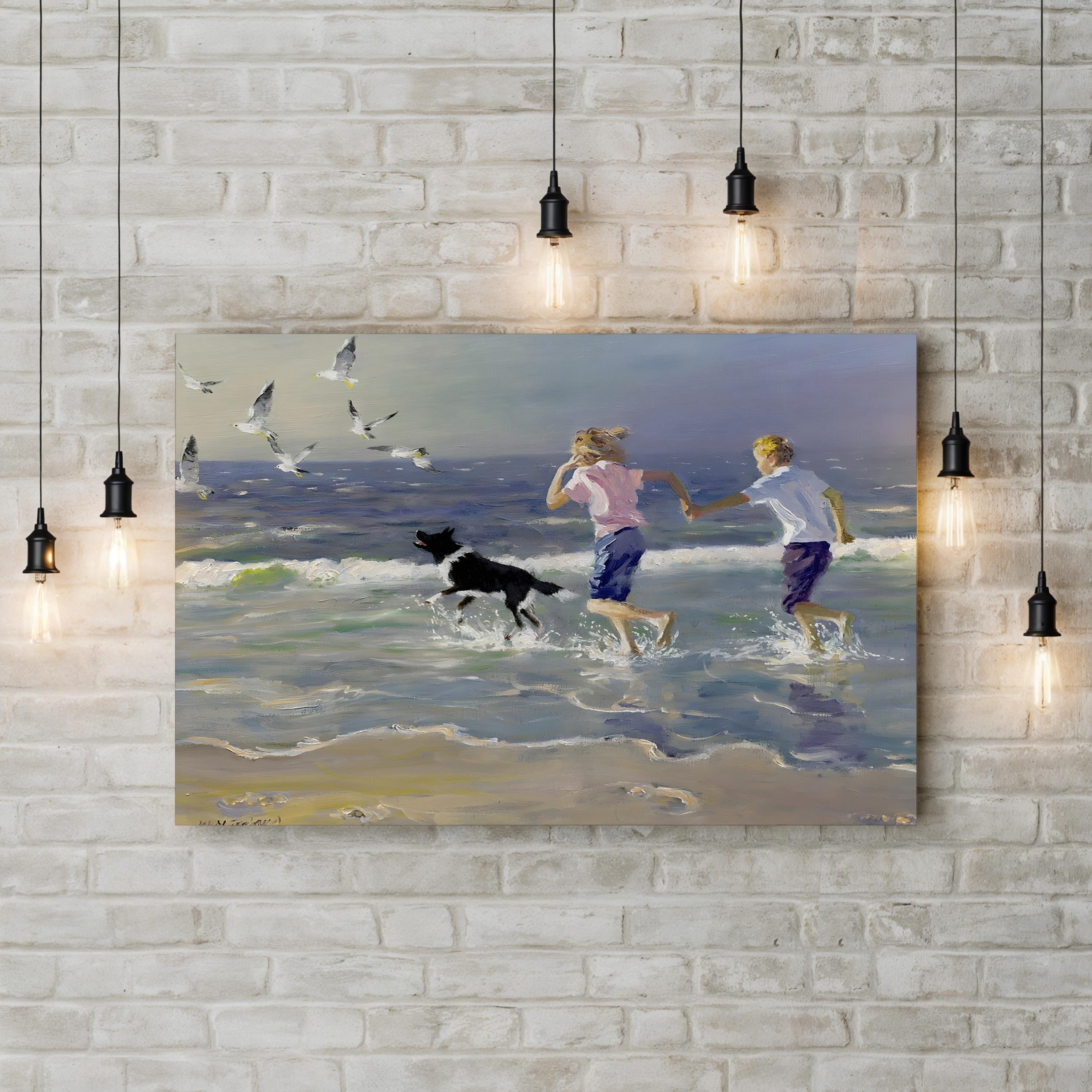Children and Dog Beach Canvas Art Print: Coastal Ocean Landscape