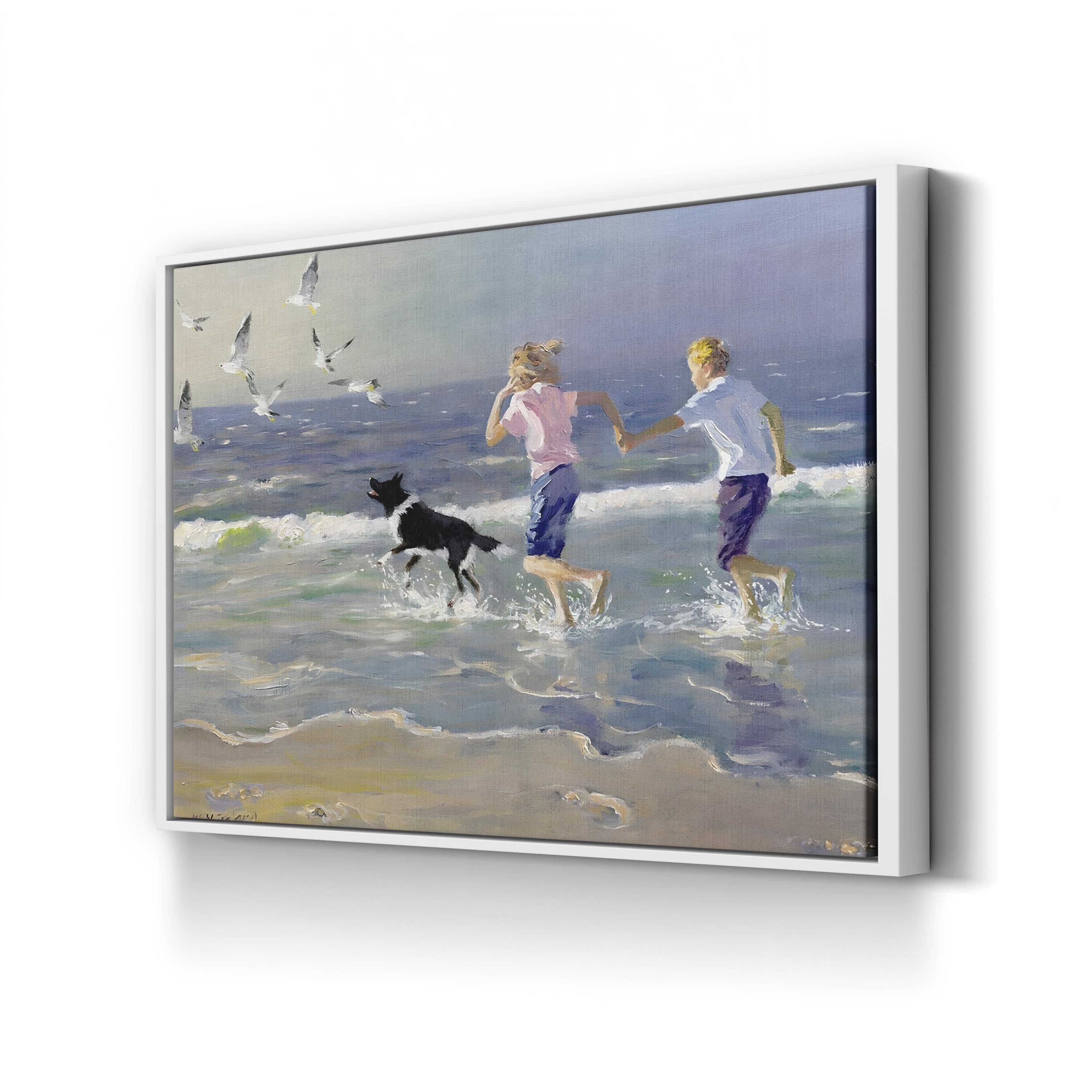 Children and Dog Beach Canvas Art Print: Coastal Ocean Landscape