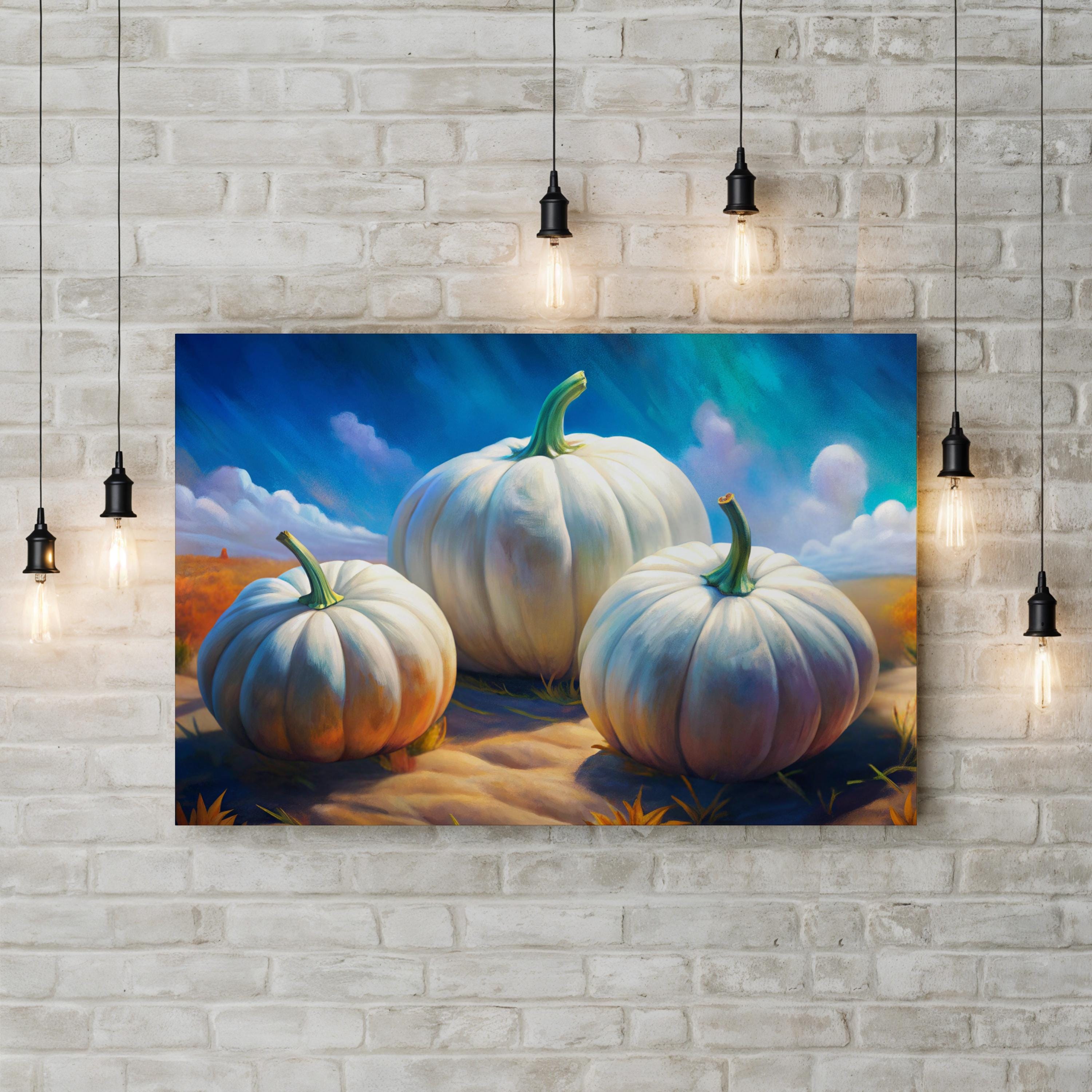 White Pumpkin Stack – Period Illustration Wall Art | Autumn Harvest Canvas Print