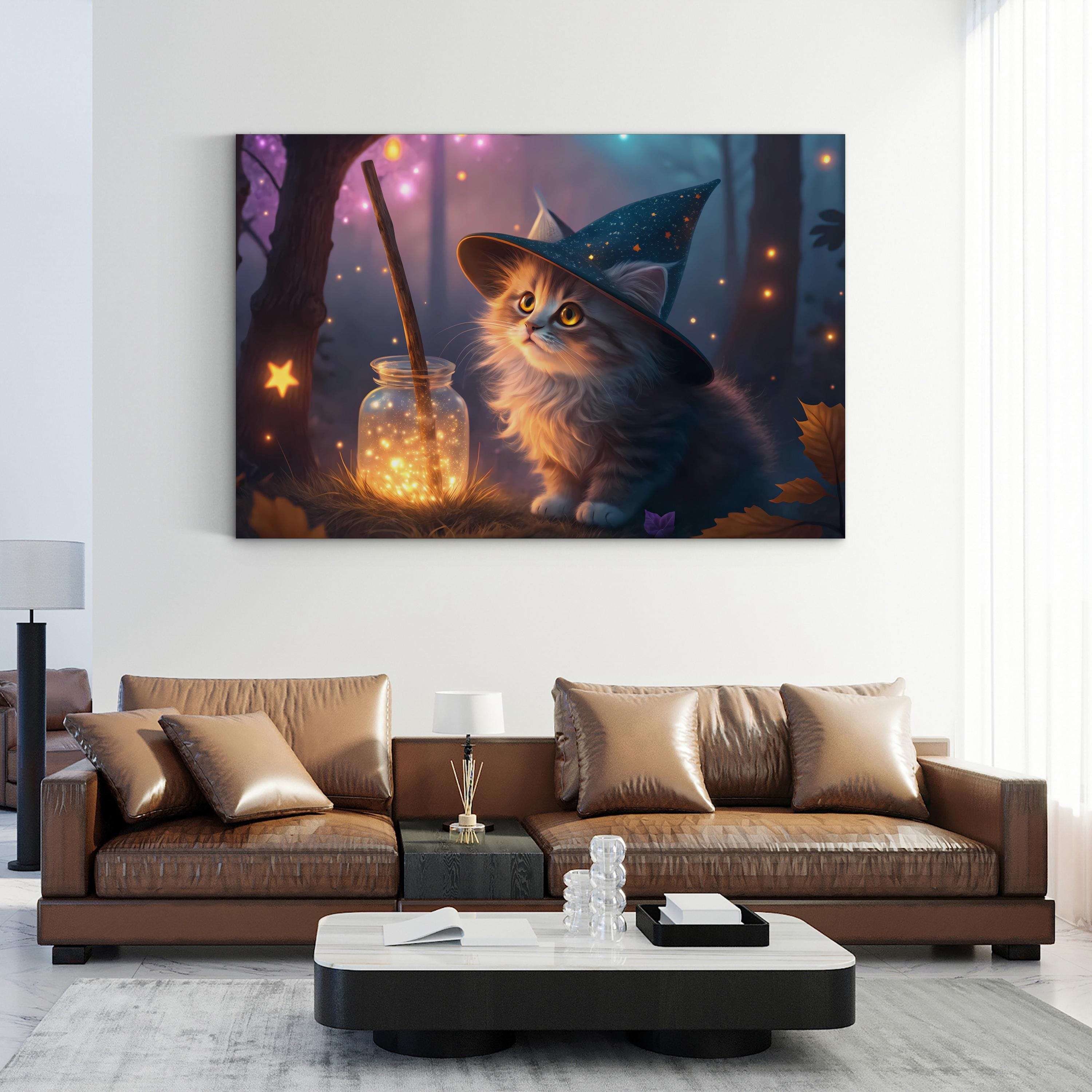 Witchy Cat Wizard Hat – Period Illustration Wall Art | Whimsical Fantasy Canvas Print