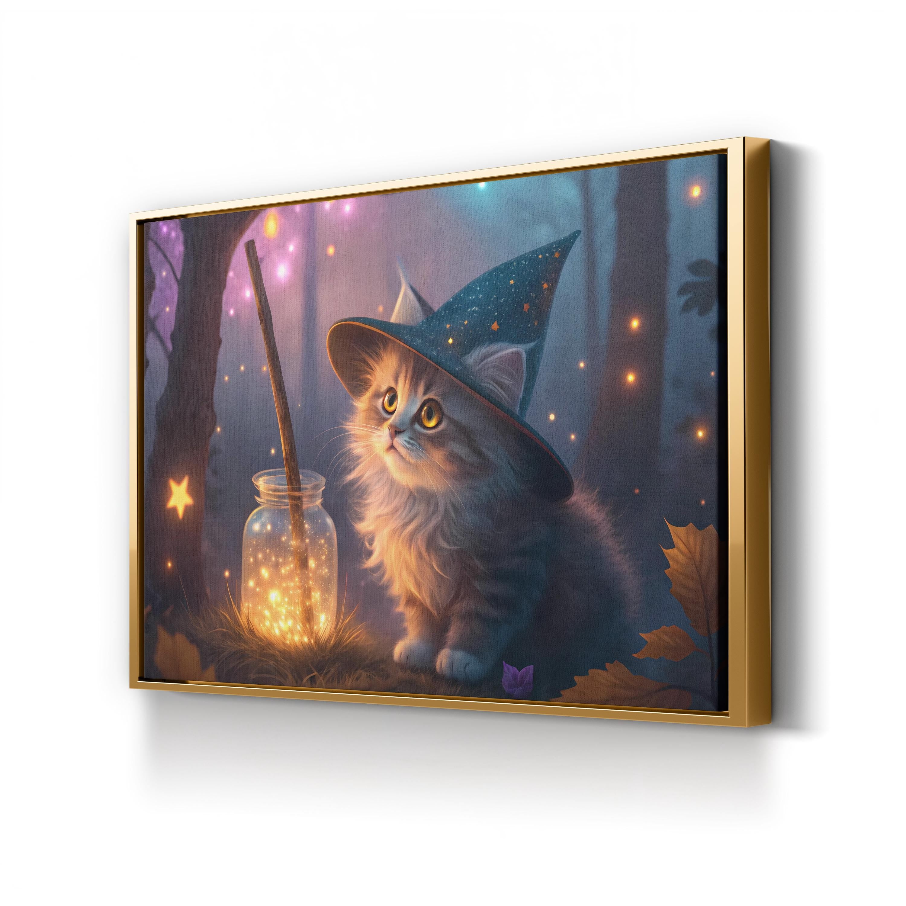 Witchy Cat Wizard Hat – Period Illustration Wall Art | Whimsical Fantasy Canvas Print