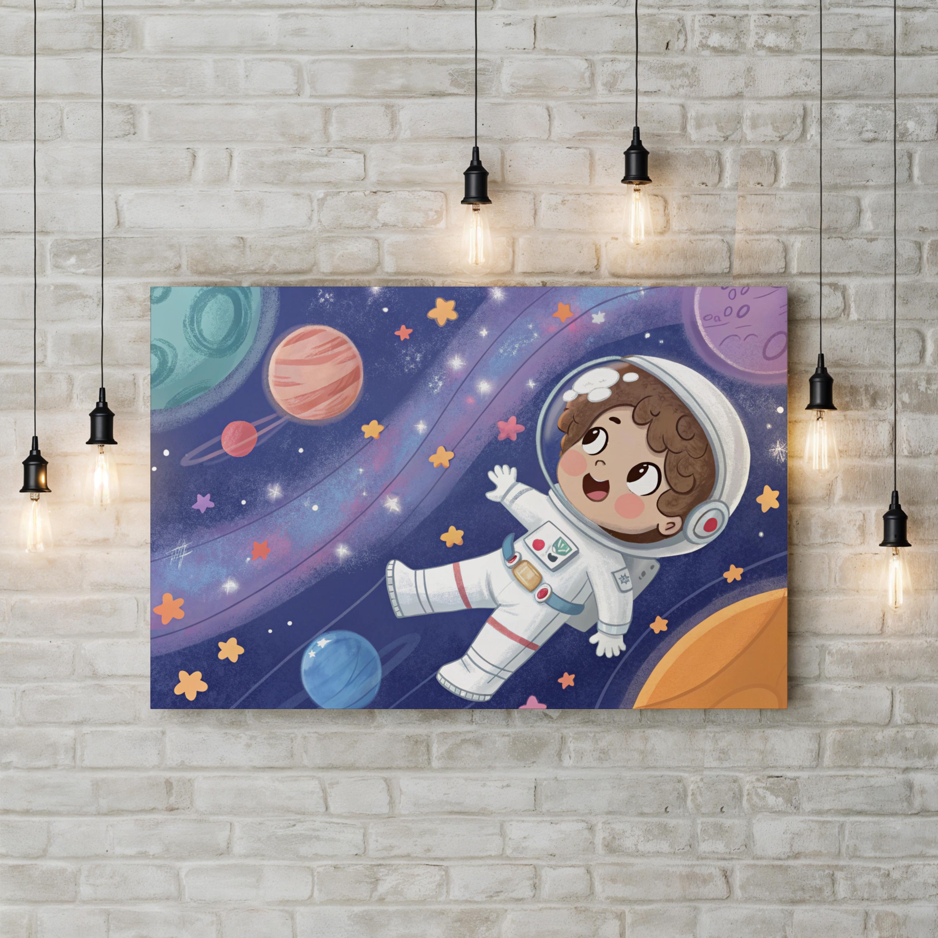Astronaut Child Storybook – Period Illustration Wall Art | Whimsical Space Canvas Print