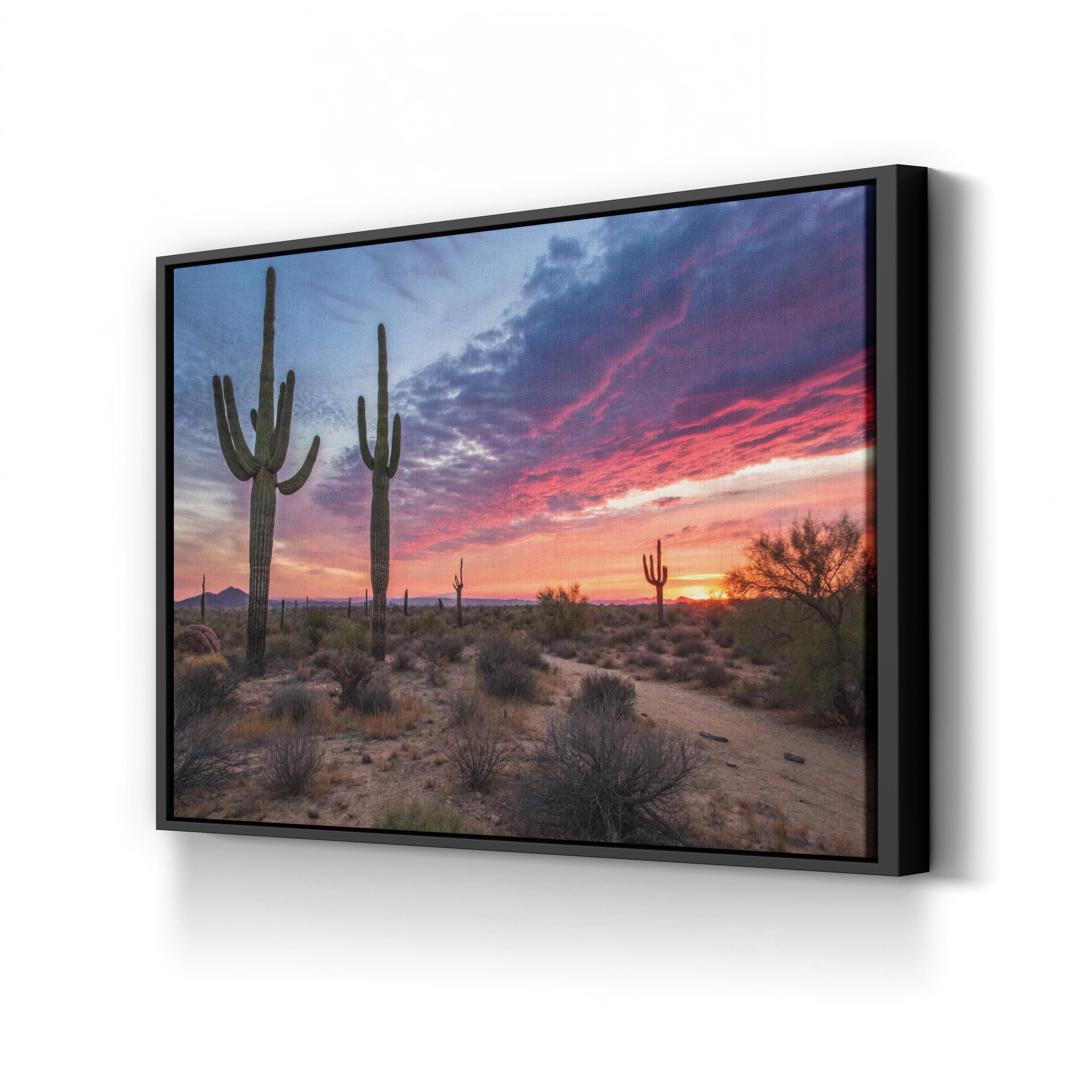 Arizona Desert Sunset Landscape – Vintage Photography Wall Art | Saguaro Cacti Canvas Print