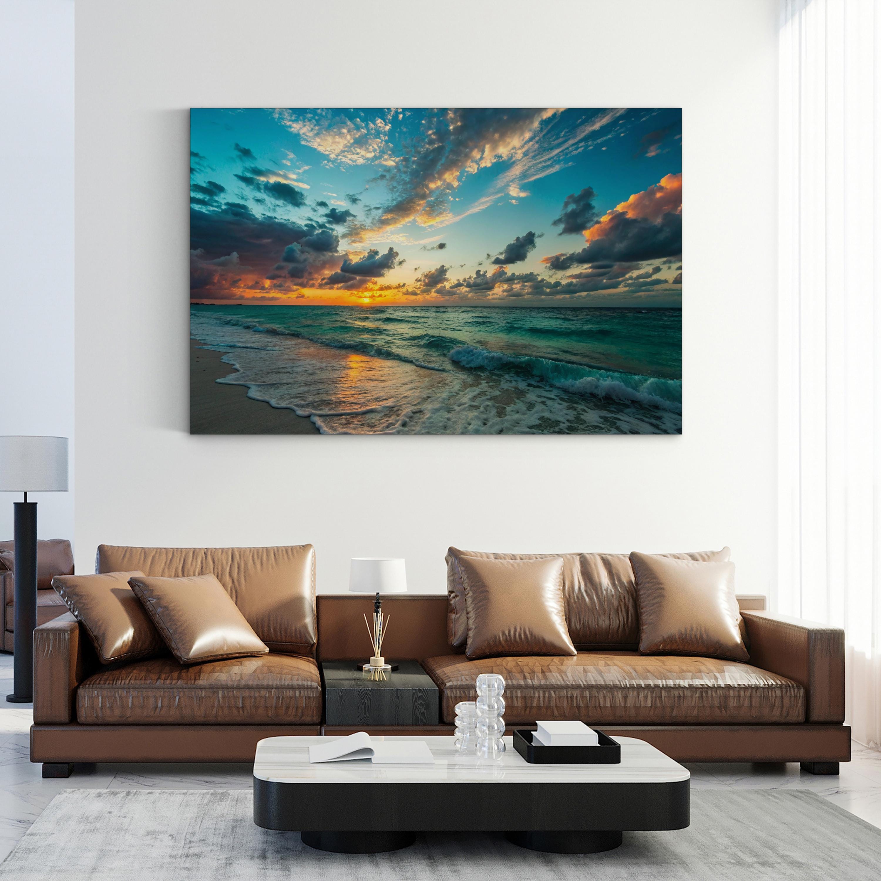 Ocean Sunset Canvas Wall Art – Azure Coastal Beach Landscape