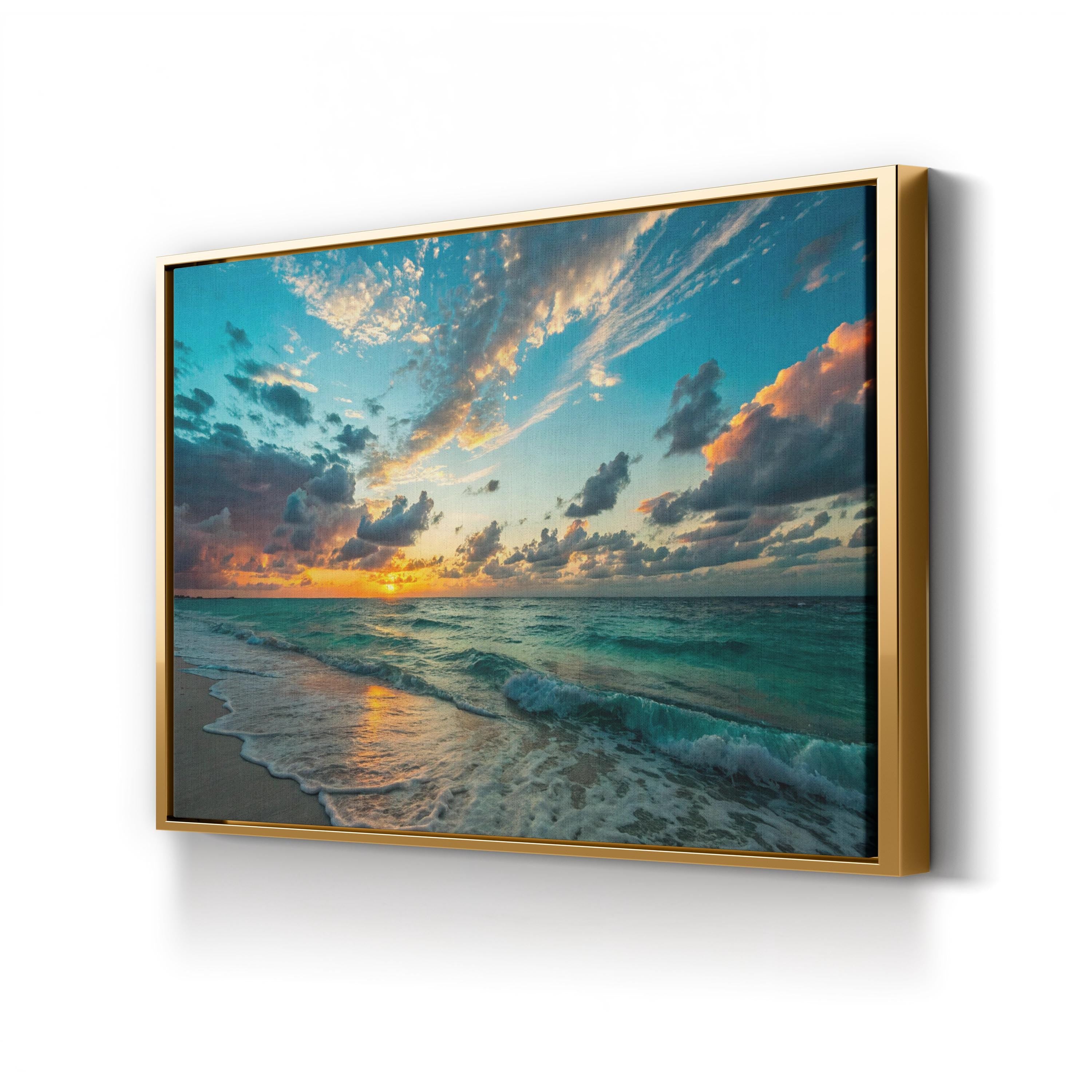 Ocean Sunset Canvas Wall Art – Azure Coastal Beach Landscape