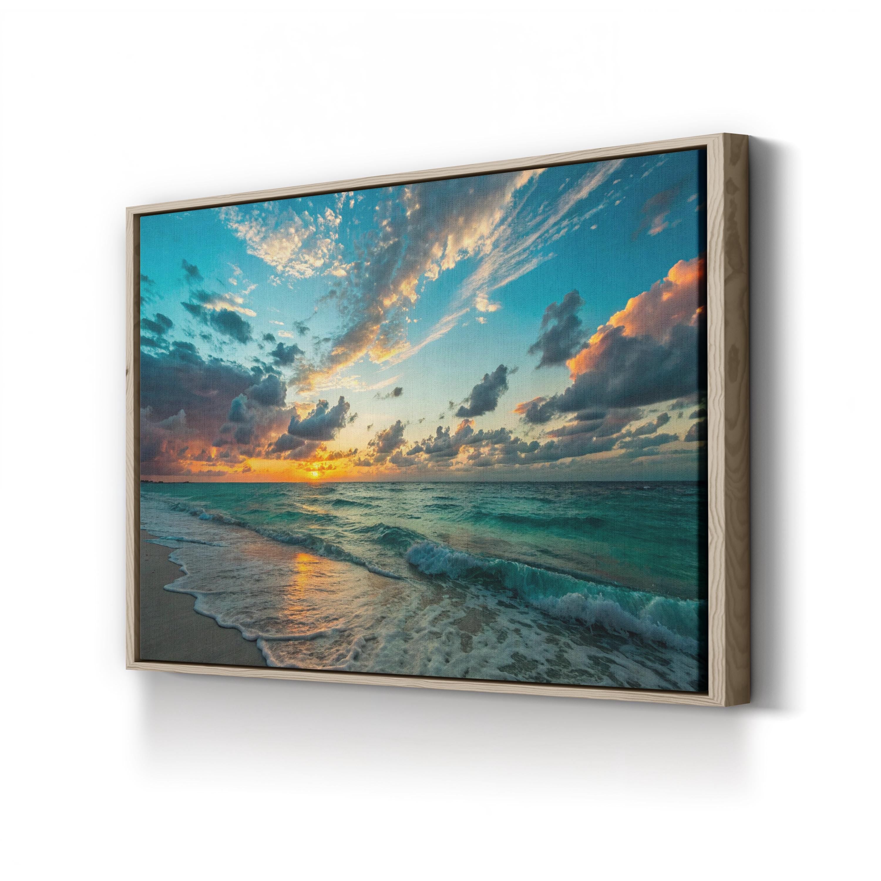 Ocean Sunset Canvas Wall Art – Azure Coastal Beach Landscape