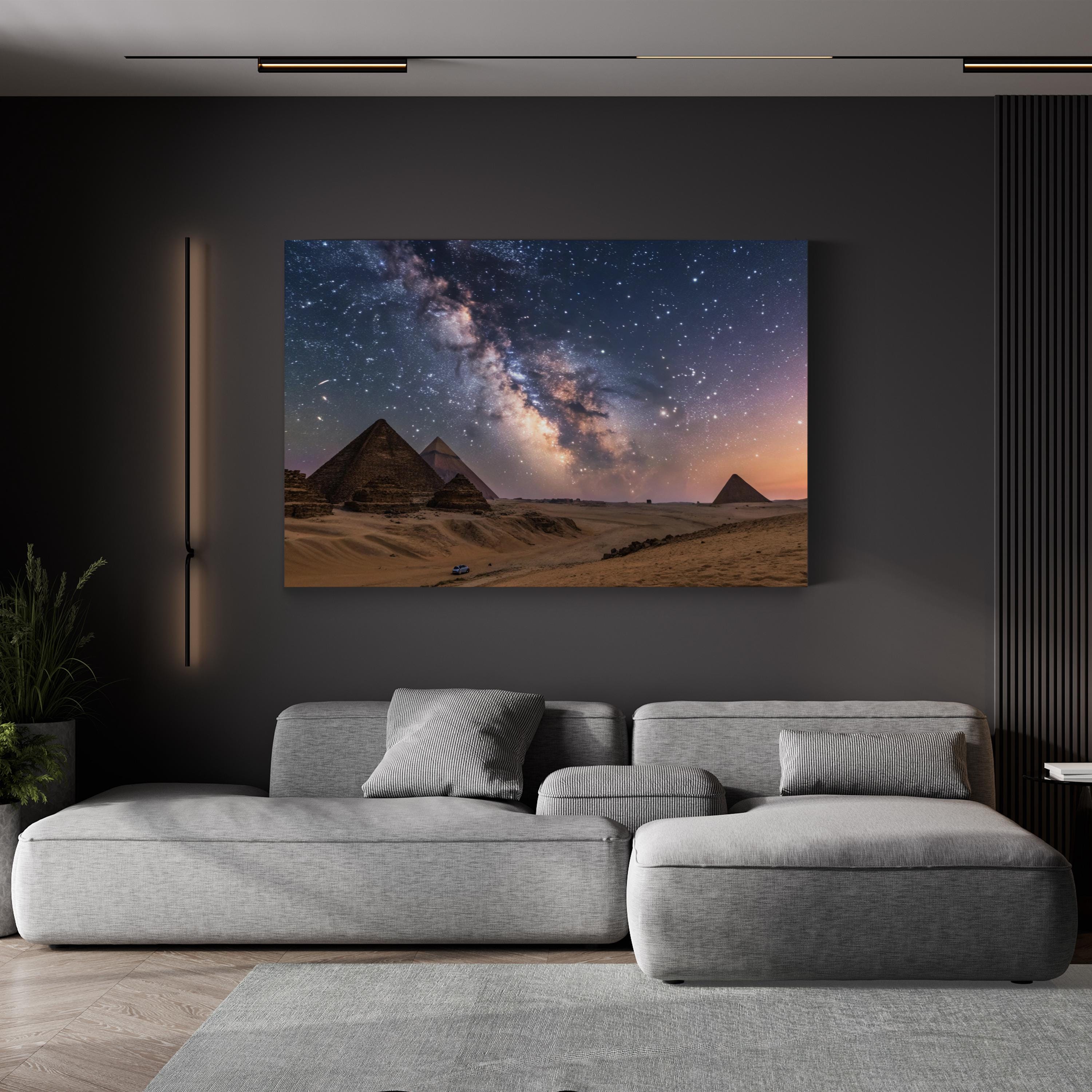 Egyptian Night Wall Art – Starry Sky Over the Pyramids | Cosmic Desert Landscape Canvas Print