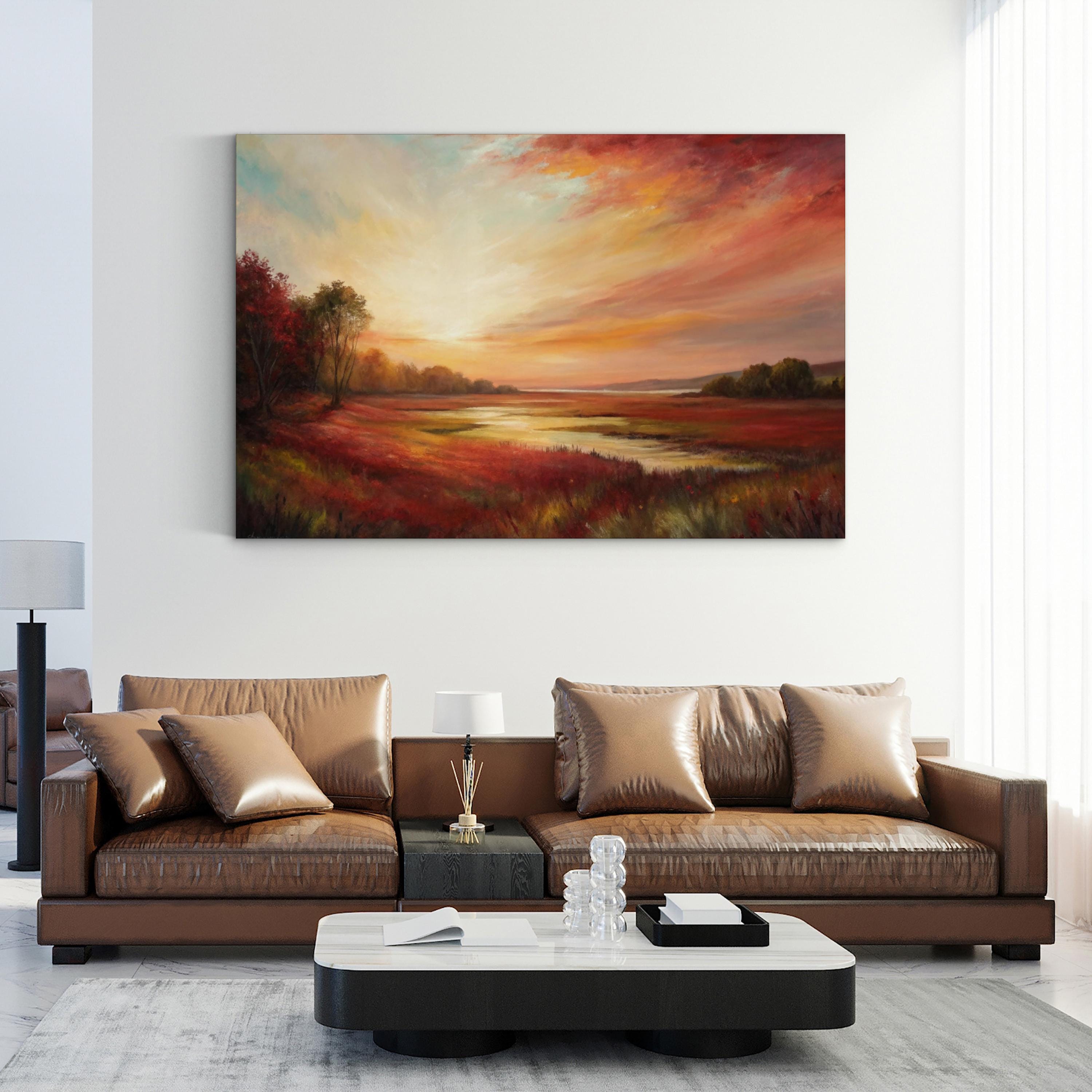 Sunset River Evening Glow – Period Illustration Wall Art | Tranquil Landscape Canvas Print
