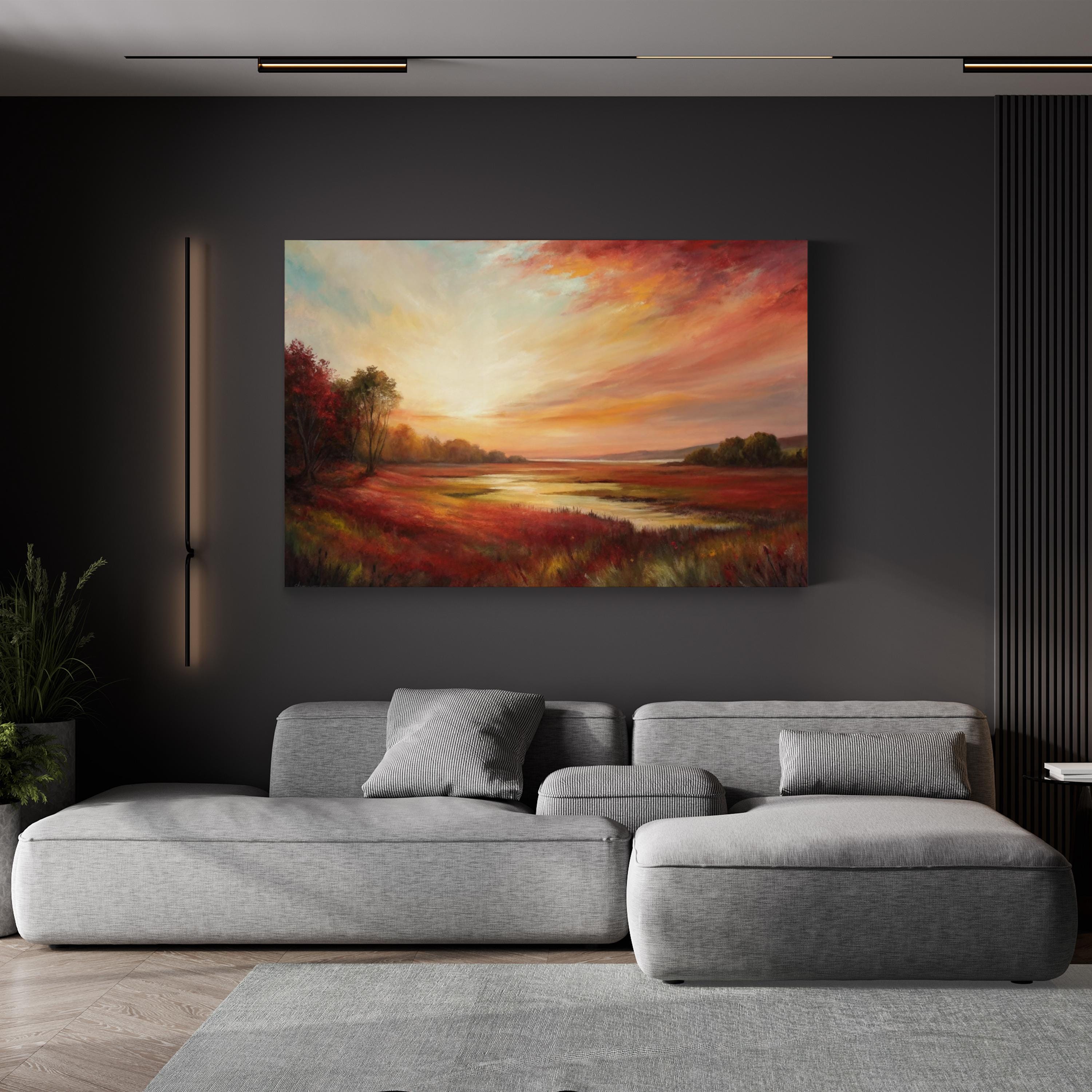Sunset River Evening Glow – Period Illustration Wall Art | Tranquil Landscape Canvas Print