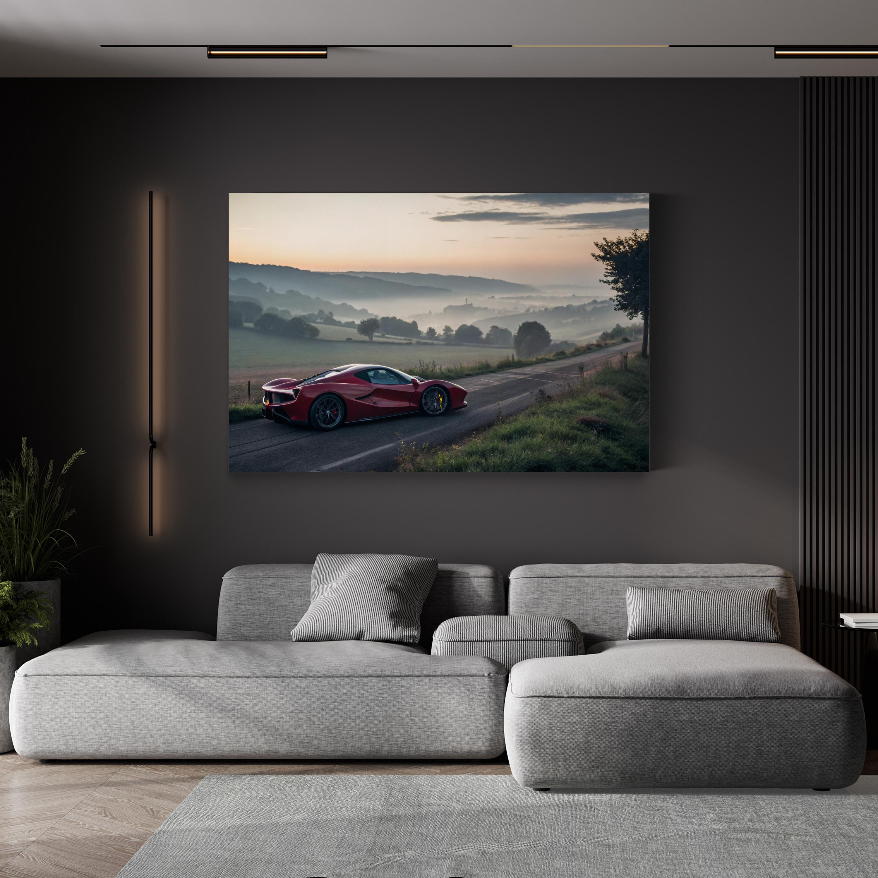 Ferrari Scenic Countryside Canvas Print – Framed Sports Car Landscape Wall Art