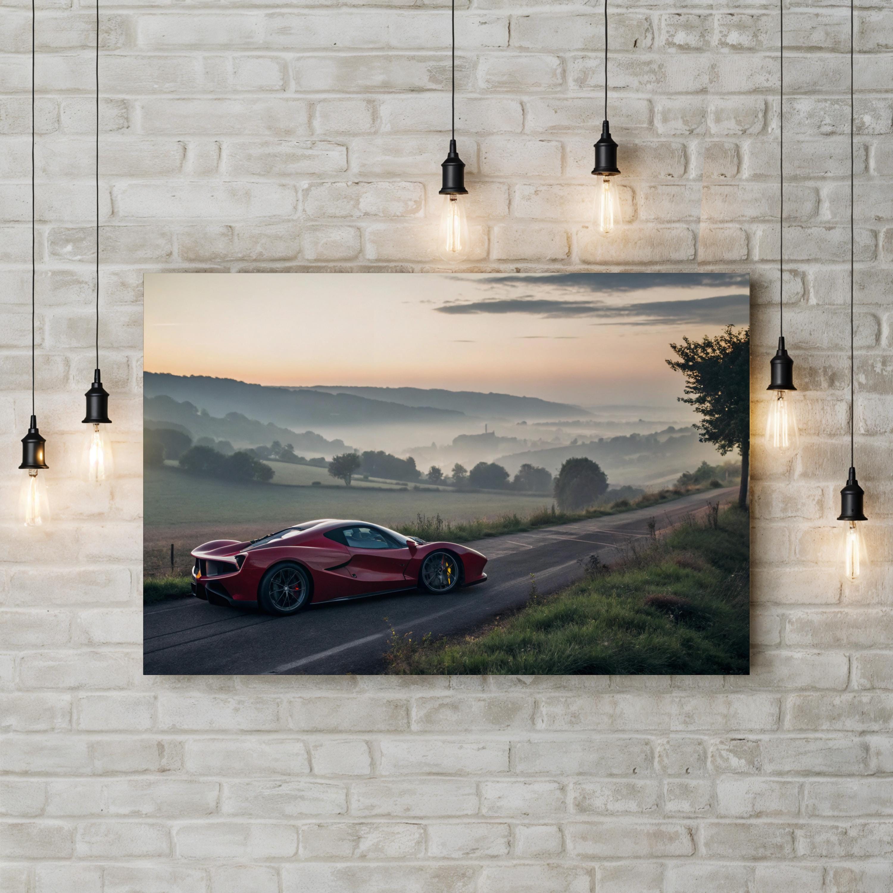 Ferrari Scenic Countryside Canvas Print – Framed Sports Car Landscape Wall Art