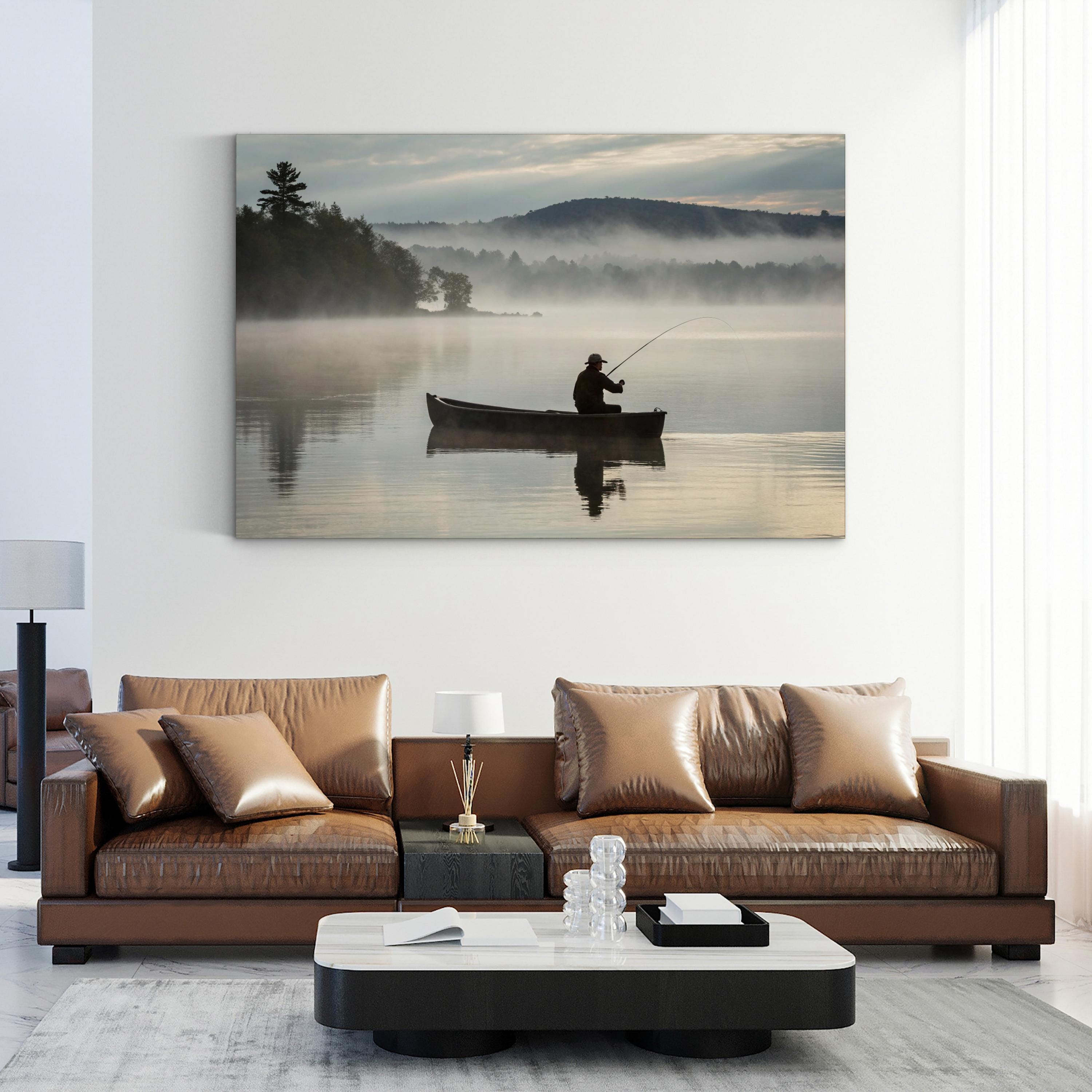 Misty Lake Fishing Boat — Serene Cabin Landscape Canvas Wall Art