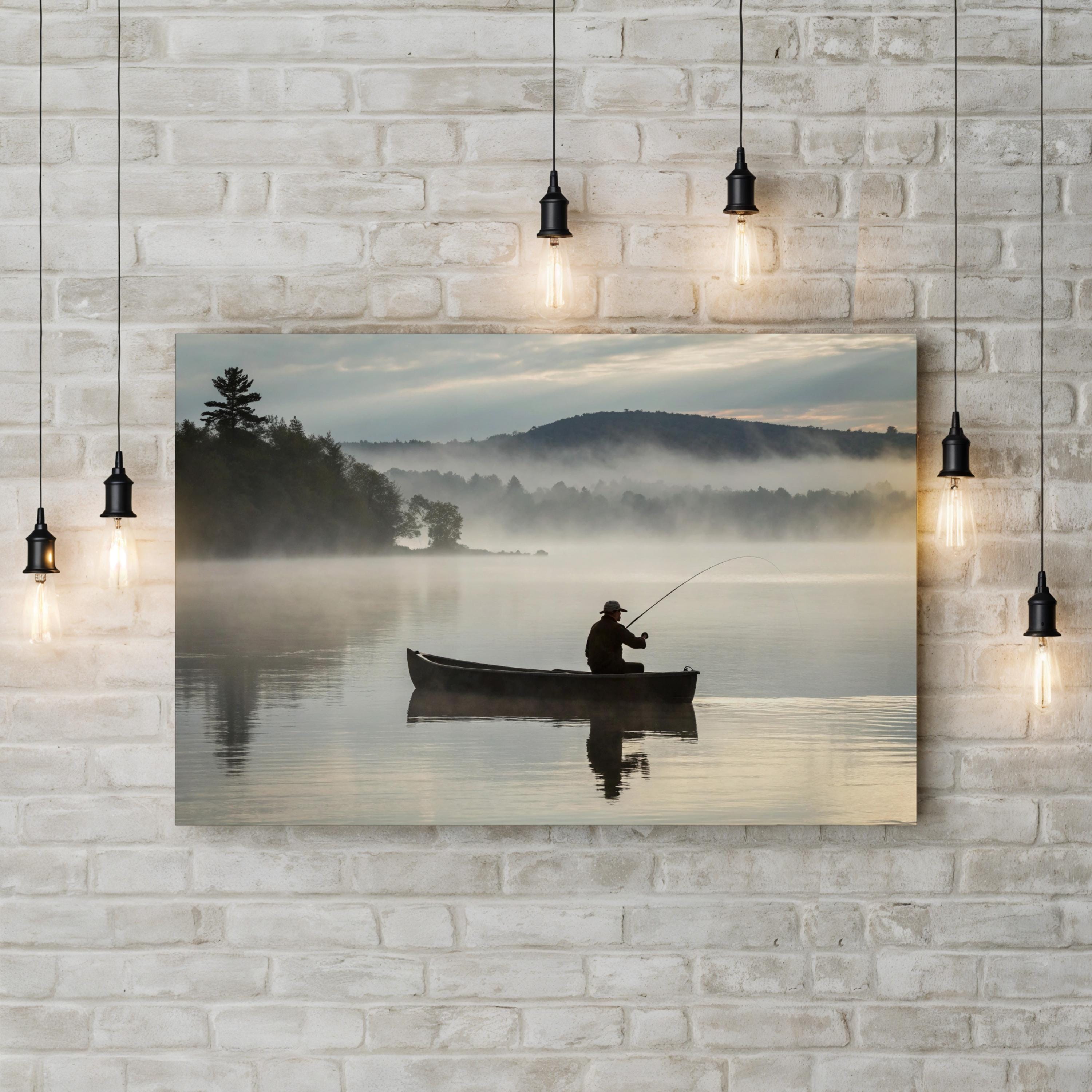 Misty Lake Fishing Boat — Serene Cabin Landscape Canvas Wall Art