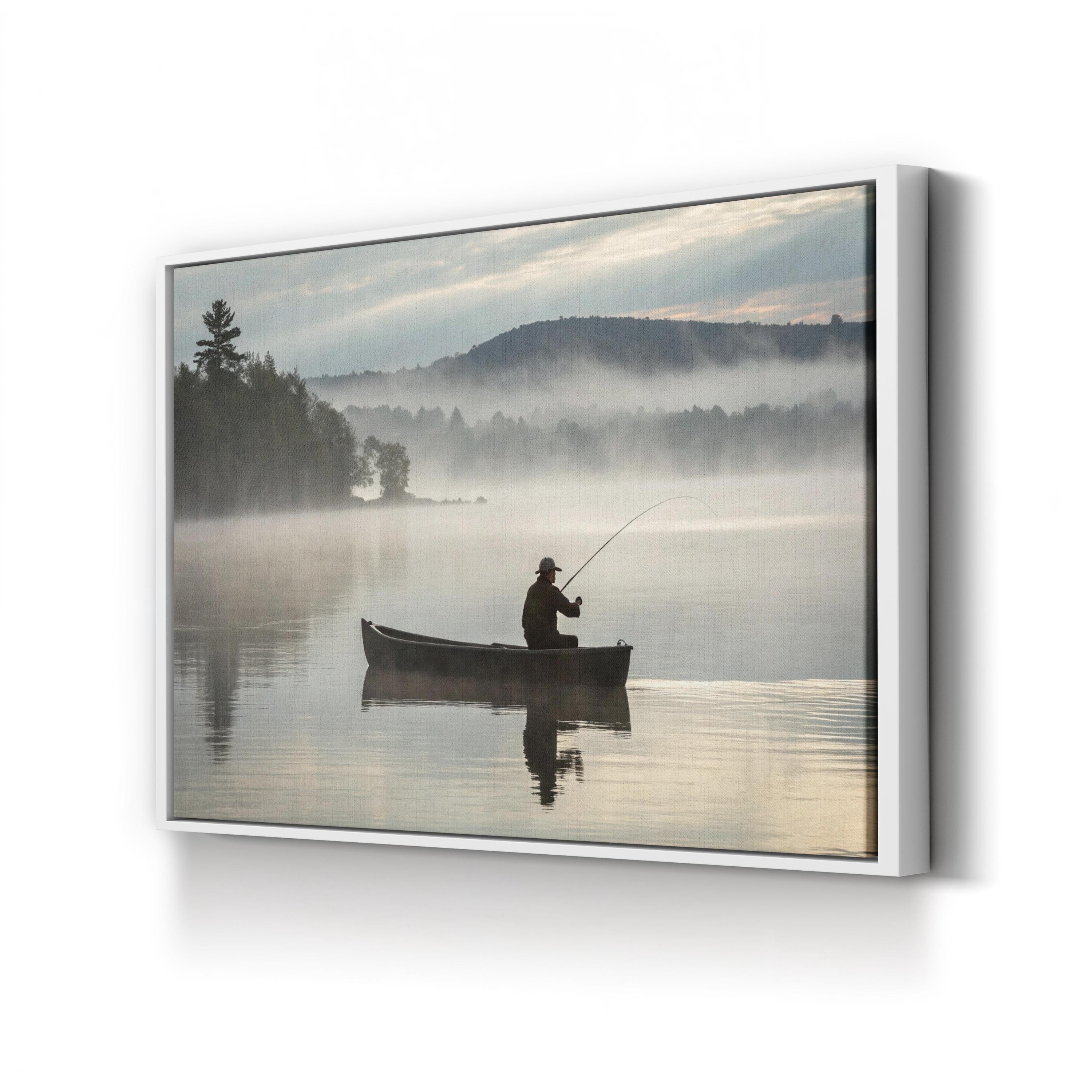 Misty Lake Fishing Boat — Serene Cabin Landscape Canvas Wall Art