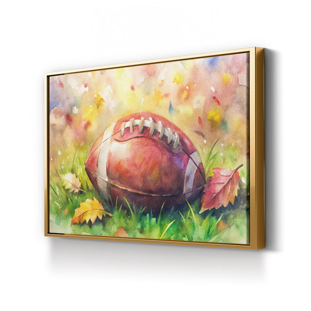 Watercolor Football in Autumn canvas print in Gold frame