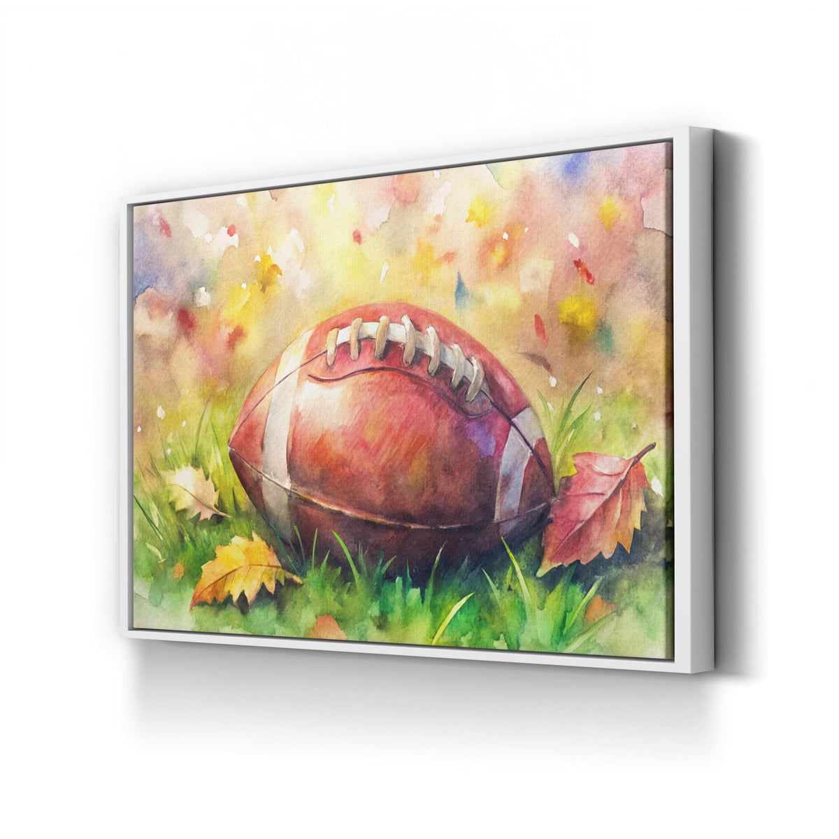 Watercolor Football in Autumn canvas print in White frame