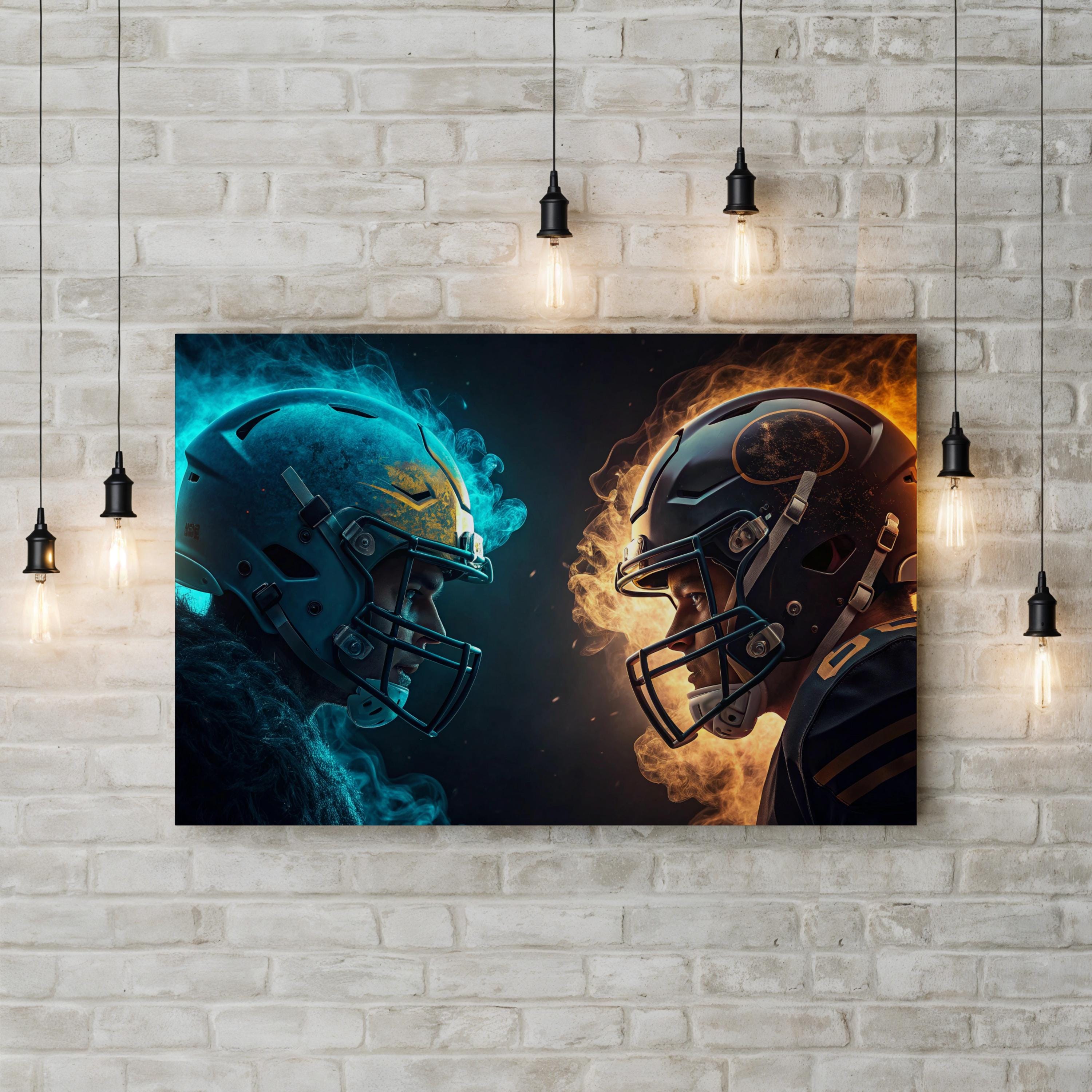 Football Face-Off Smoke & Flames – Period Illustration Wall Art | Sports Canvas Print
