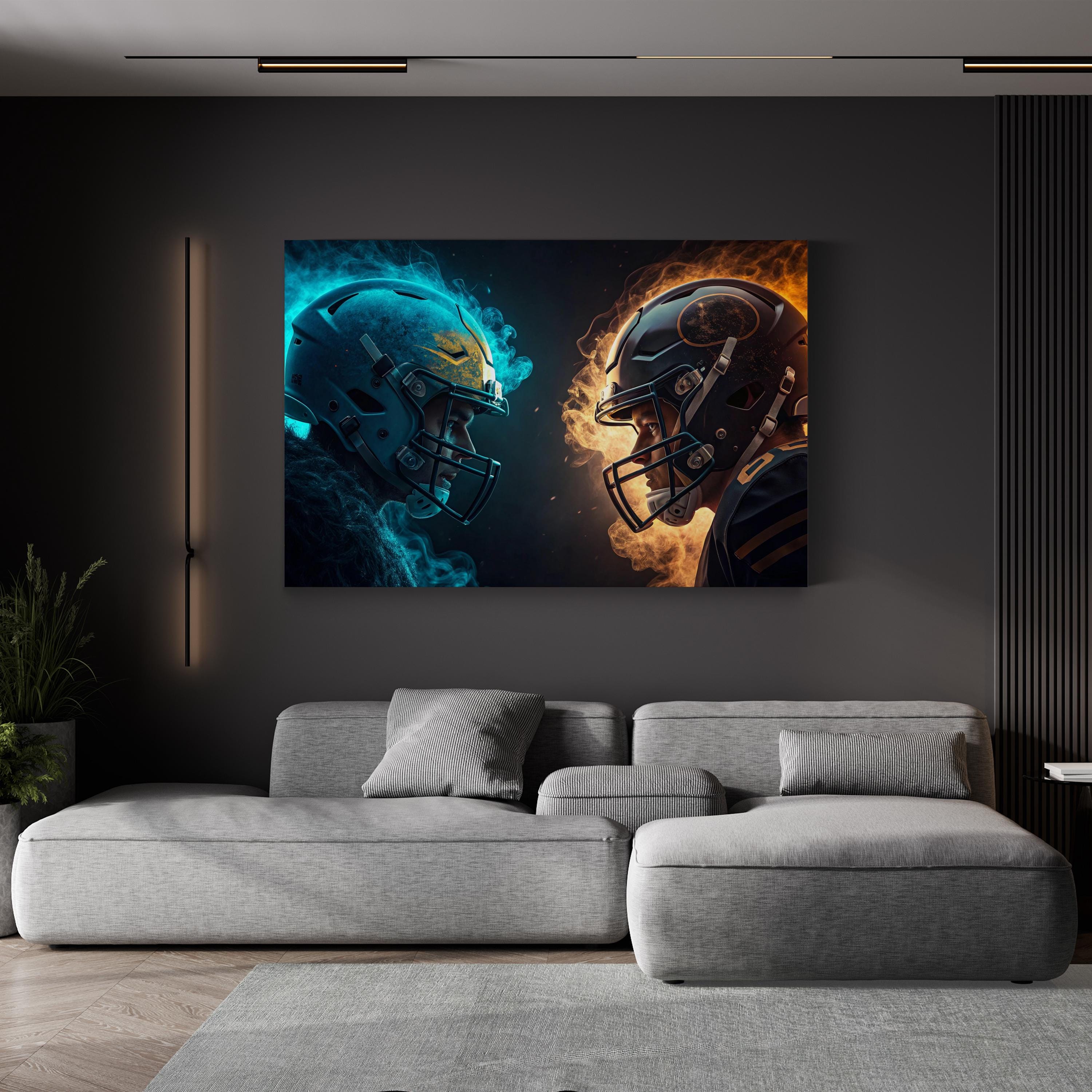 Football Face-Off Smoke & Flames – Period Illustration Wall Art | Sports Canvas Print