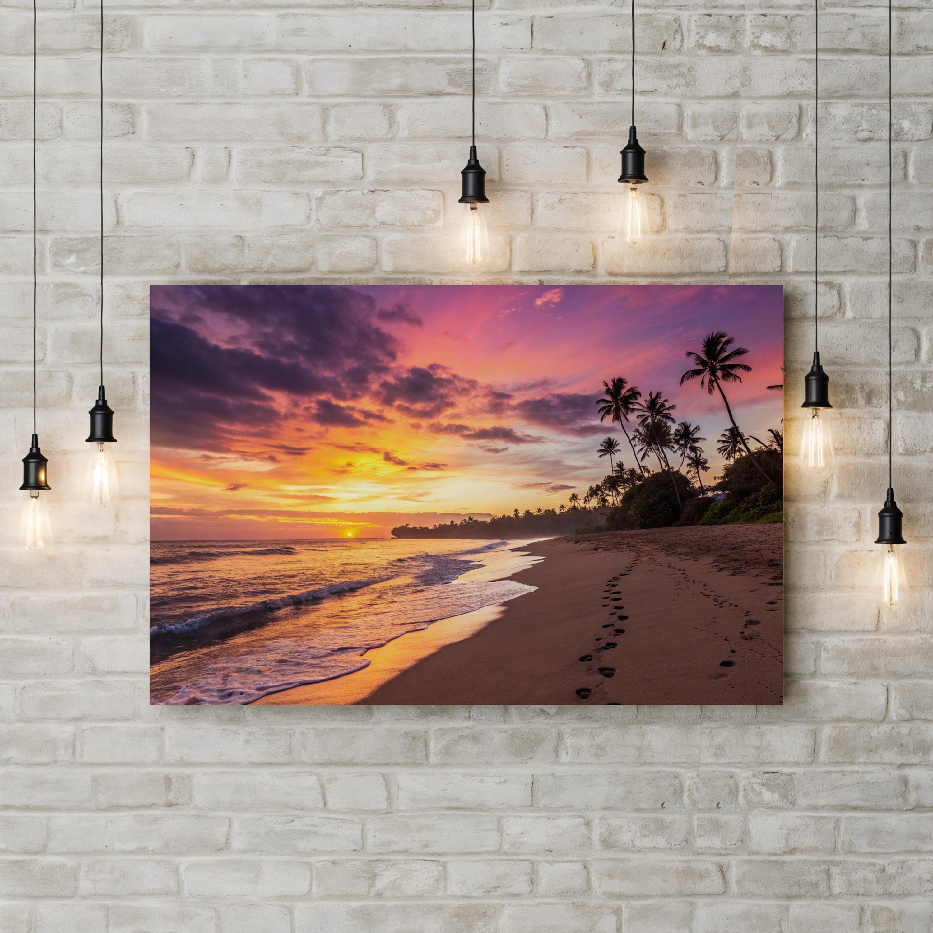 Sunset Beach Canvas Art – Footprints in Sand, Coastal Landscape Framed Print