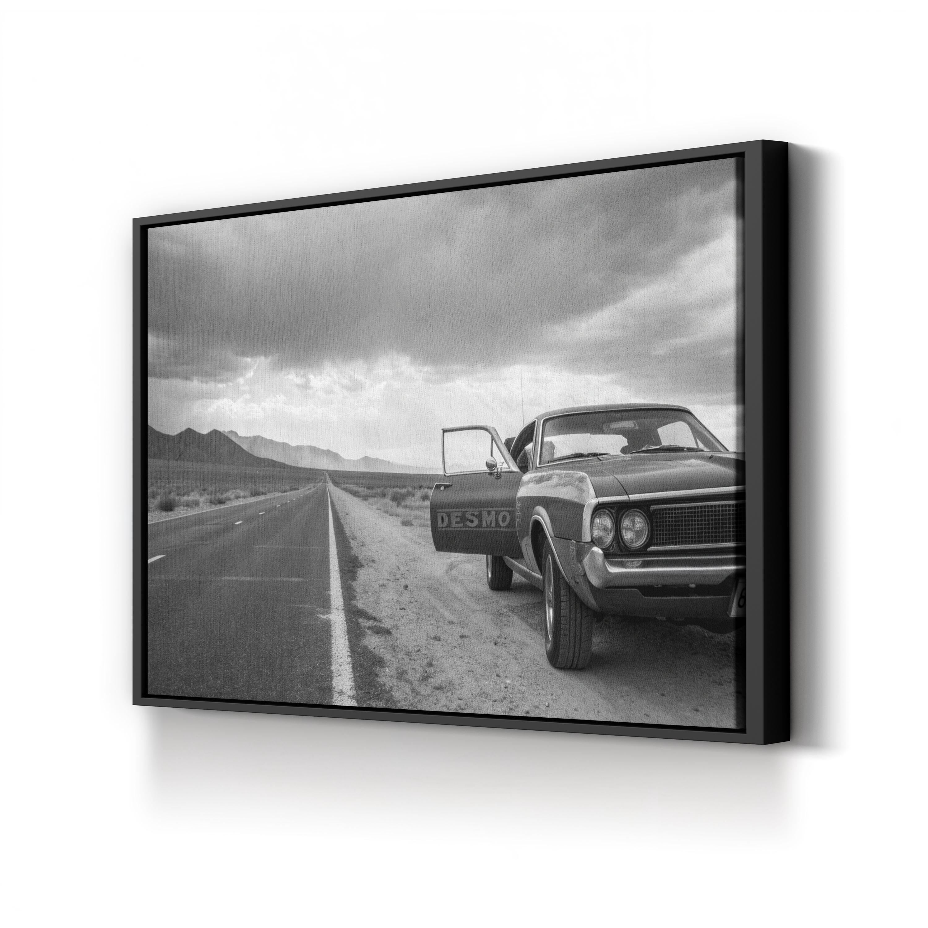 Vintage Car Open Road – Vintage Photography Wall Art | Black & White Landscape Canvas Print