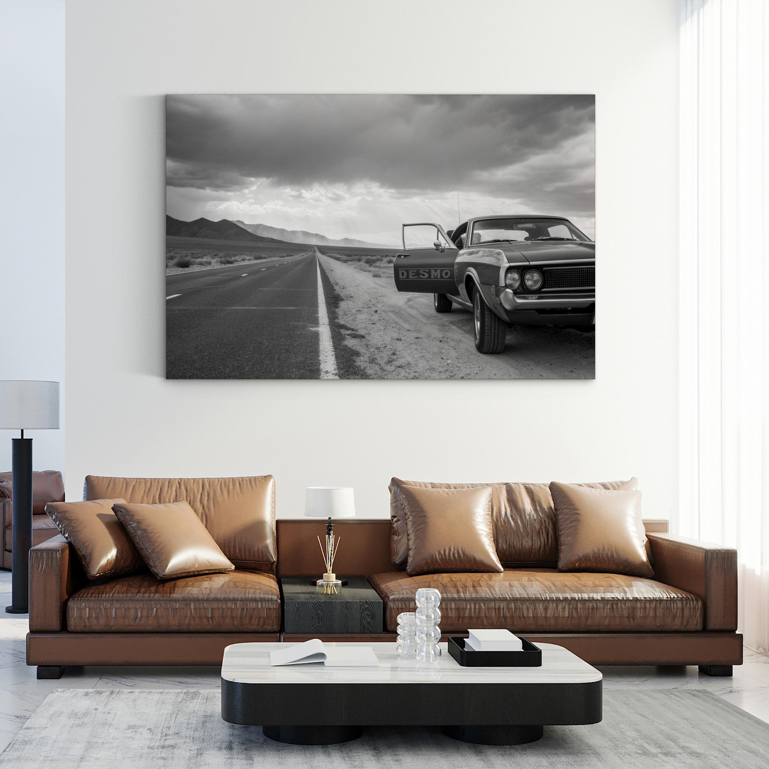 Vintage Car Open Road – Vintage Photography Wall Art | Black & White Landscape Canvas Print