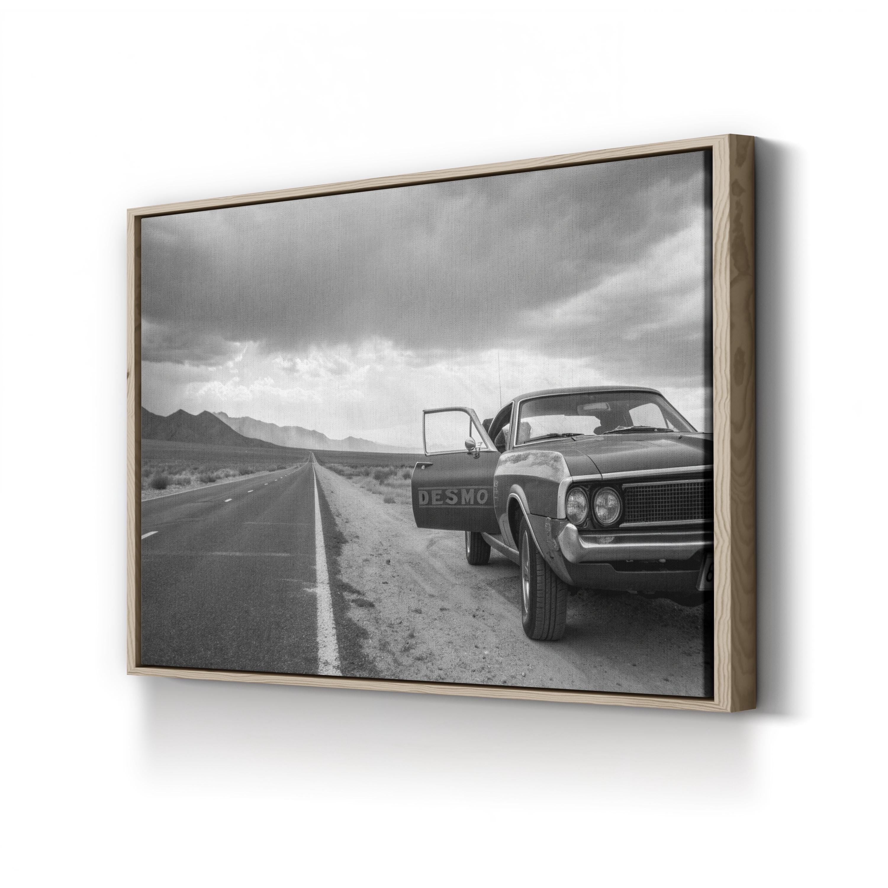 Vintage Car Open Road – Vintage Photography Wall Art | Black & White Landscape Canvas Print