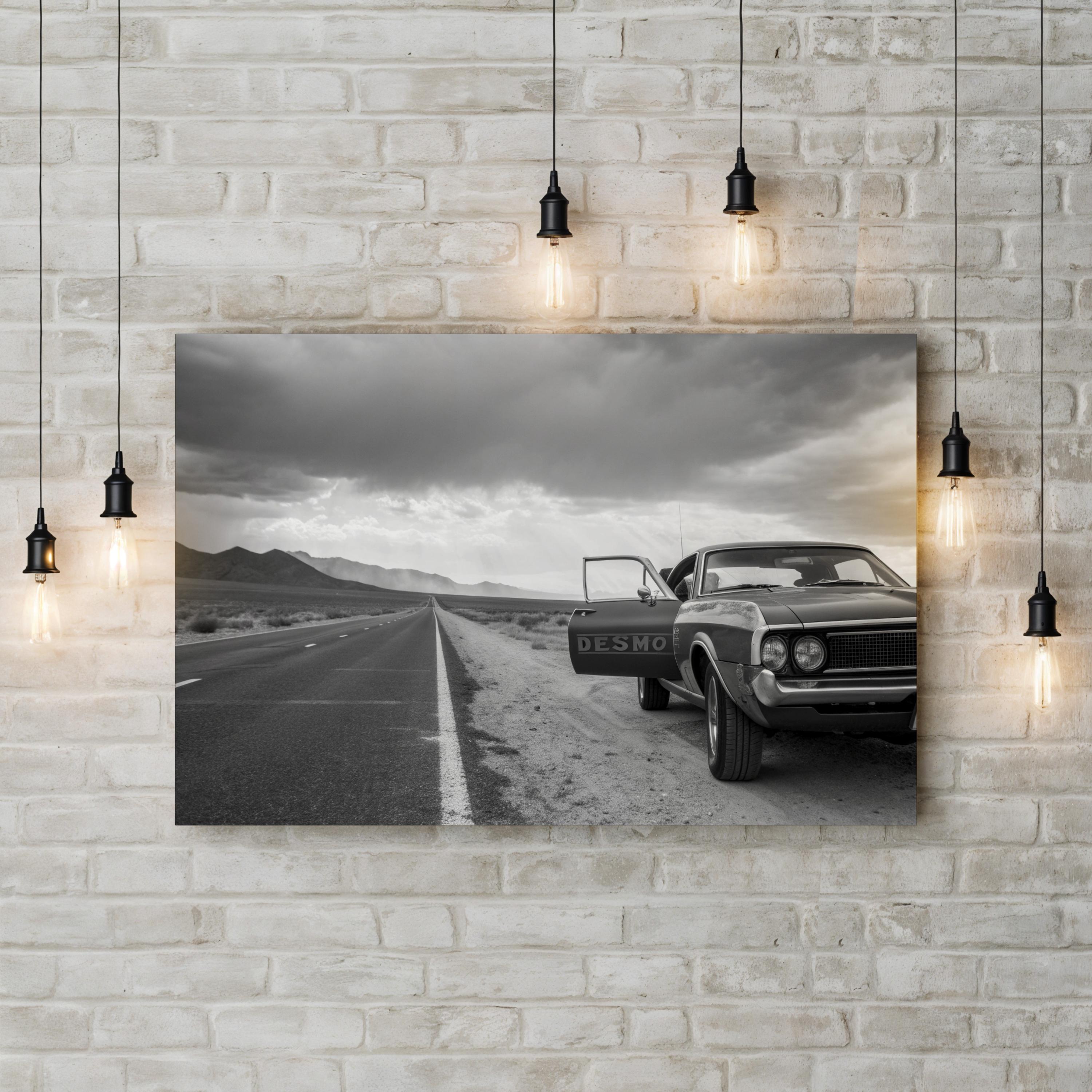 Vintage Car Open Road – Vintage Photography Wall Art | Black & White Landscape Canvas Print
