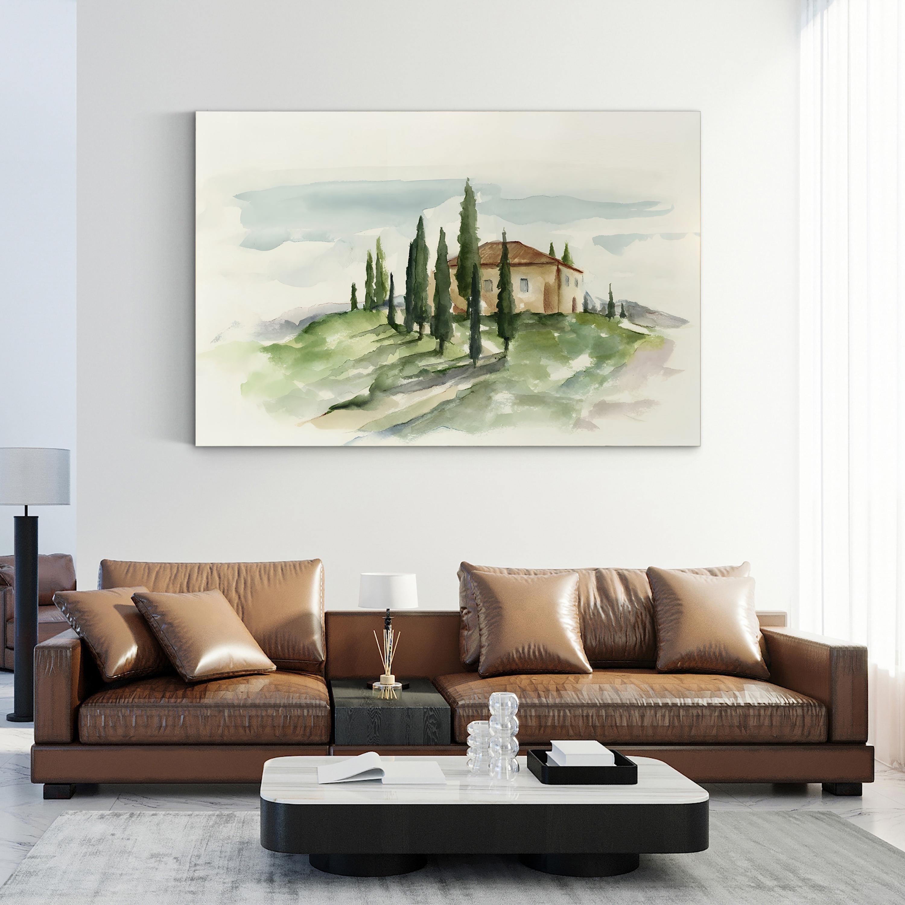 Tuscan Villa Watercolor Canvas Art: Italian Country Landscape