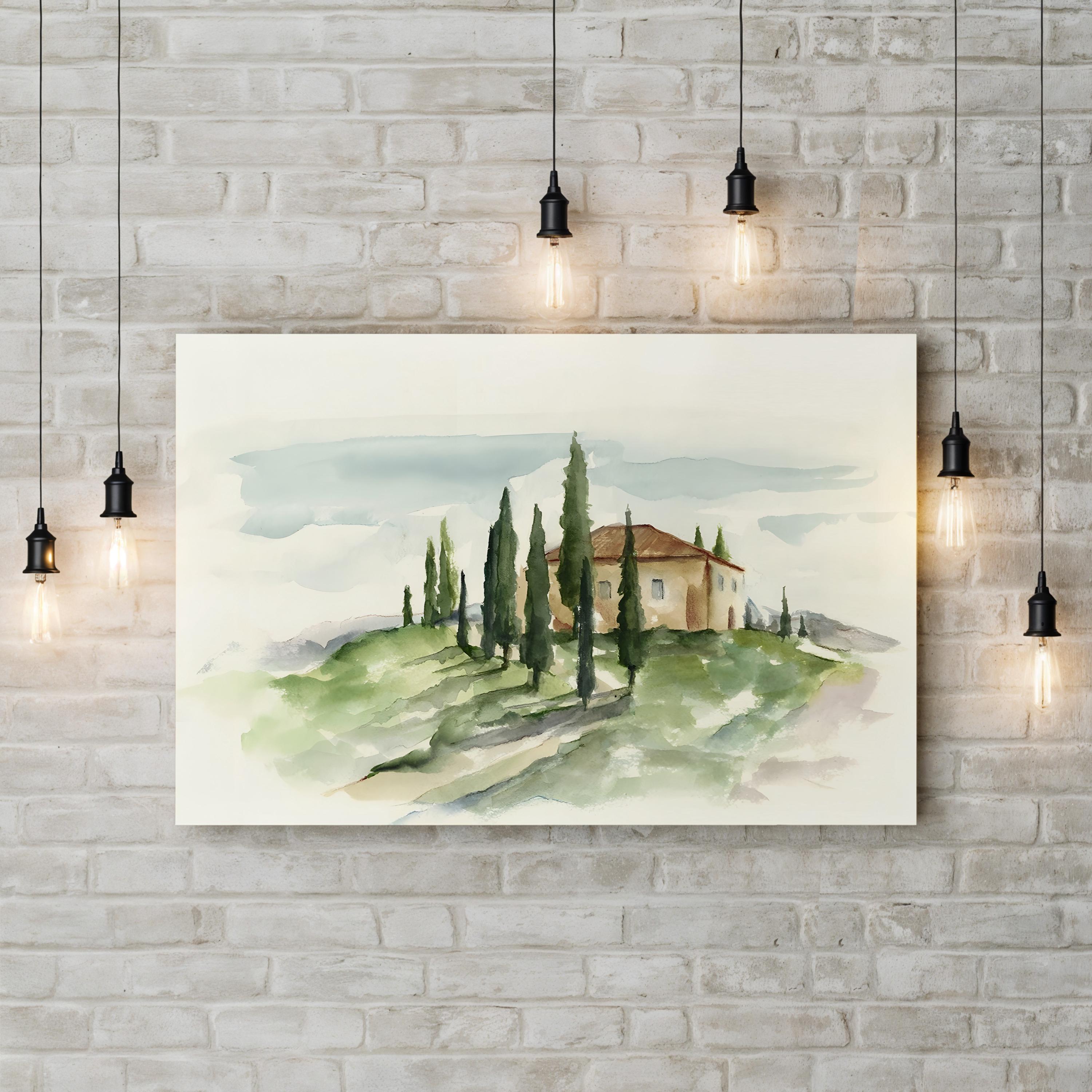 Tuscan Villa Watercolor Canvas Art: Italian Country Landscape