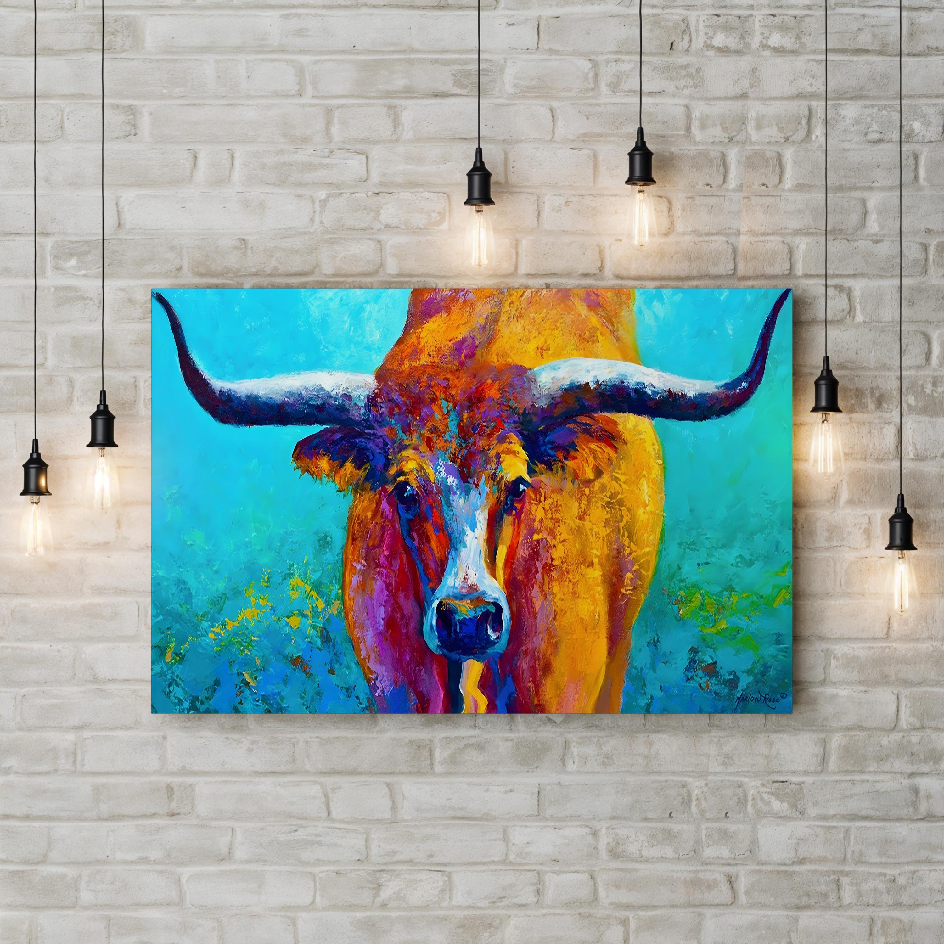 Texas Longhorn Canvas Art – Framed Wildlife Landscape Print, Western Statement Wall Decor