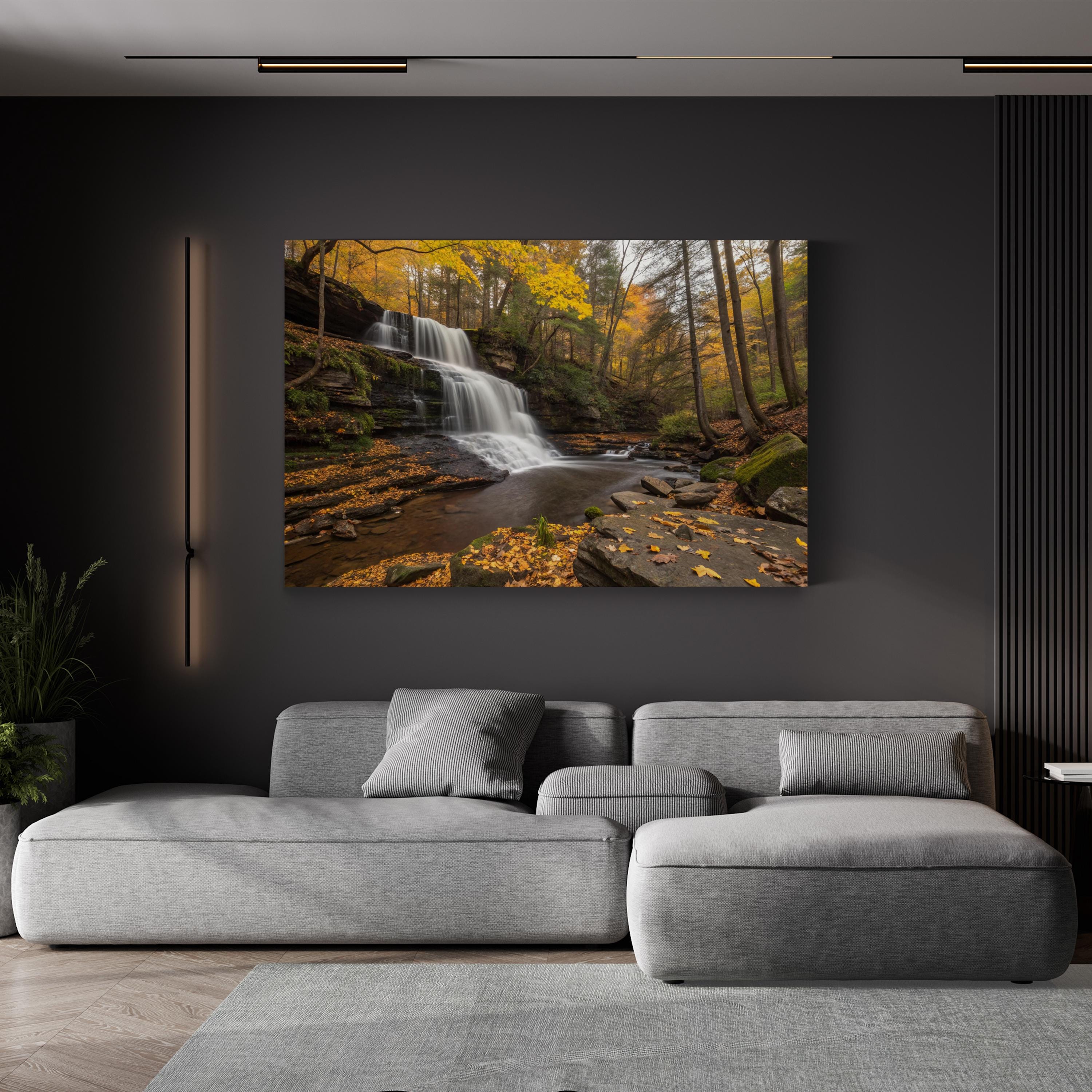 Autumn Waterfall Forest Scene – Vintage Photography Wall Art | Vibrant Fall Canvas Print