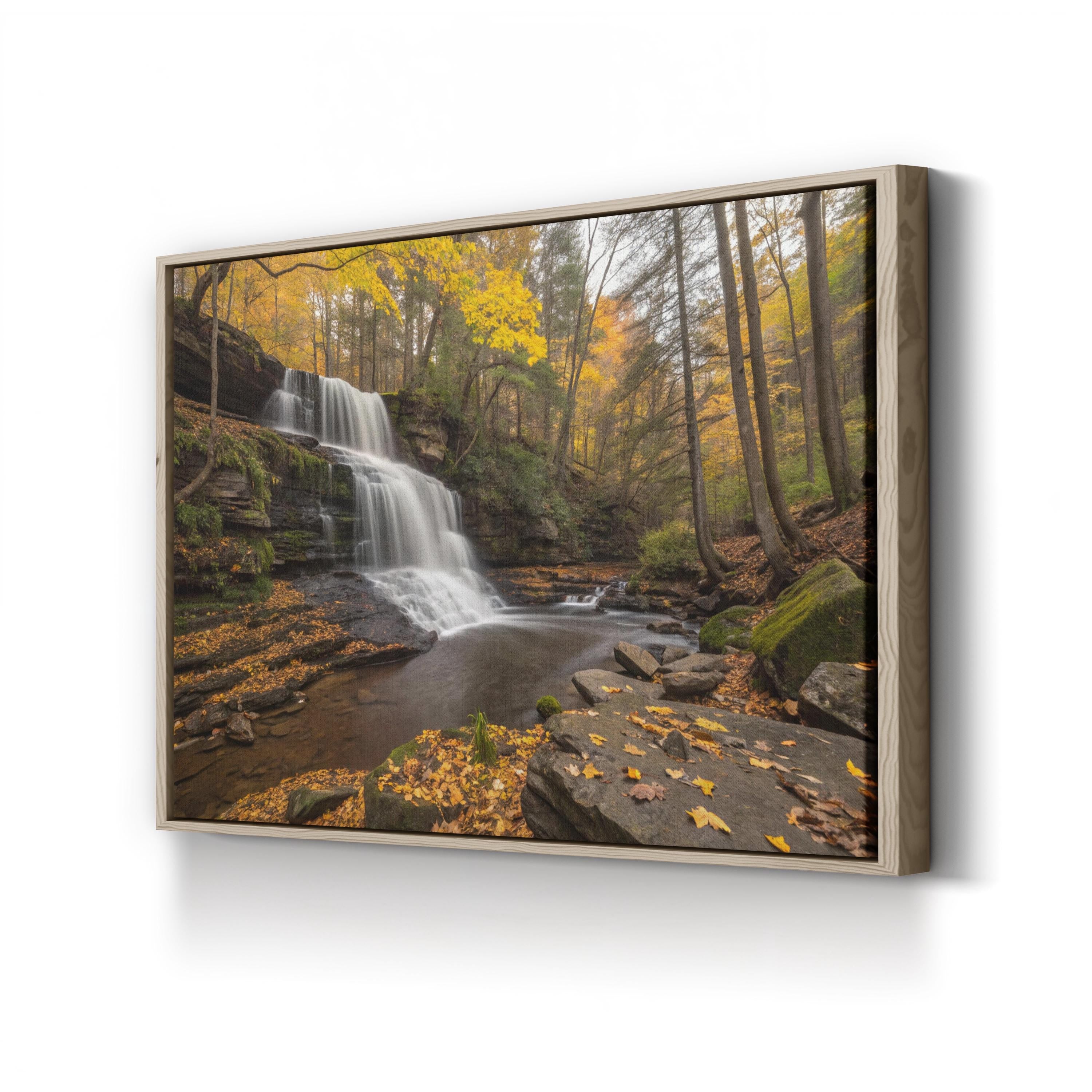 Autumn Waterfall Forest Scene – Vintage Photography Wall Art | Vibrant Fall Canvas Print