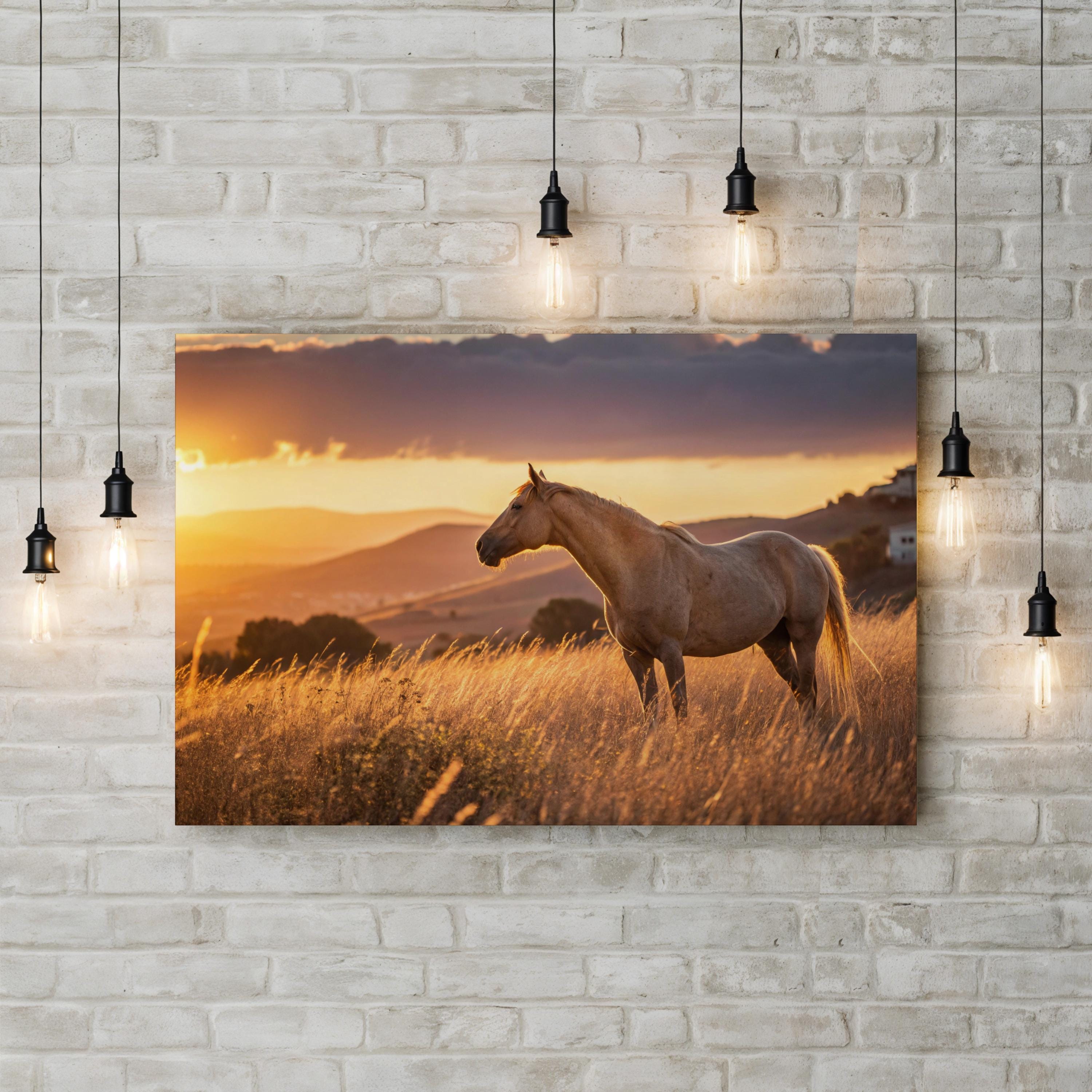 Golden Horse at Sunset – Vintage Photography Wall Art | Western Landscape Canvas Print