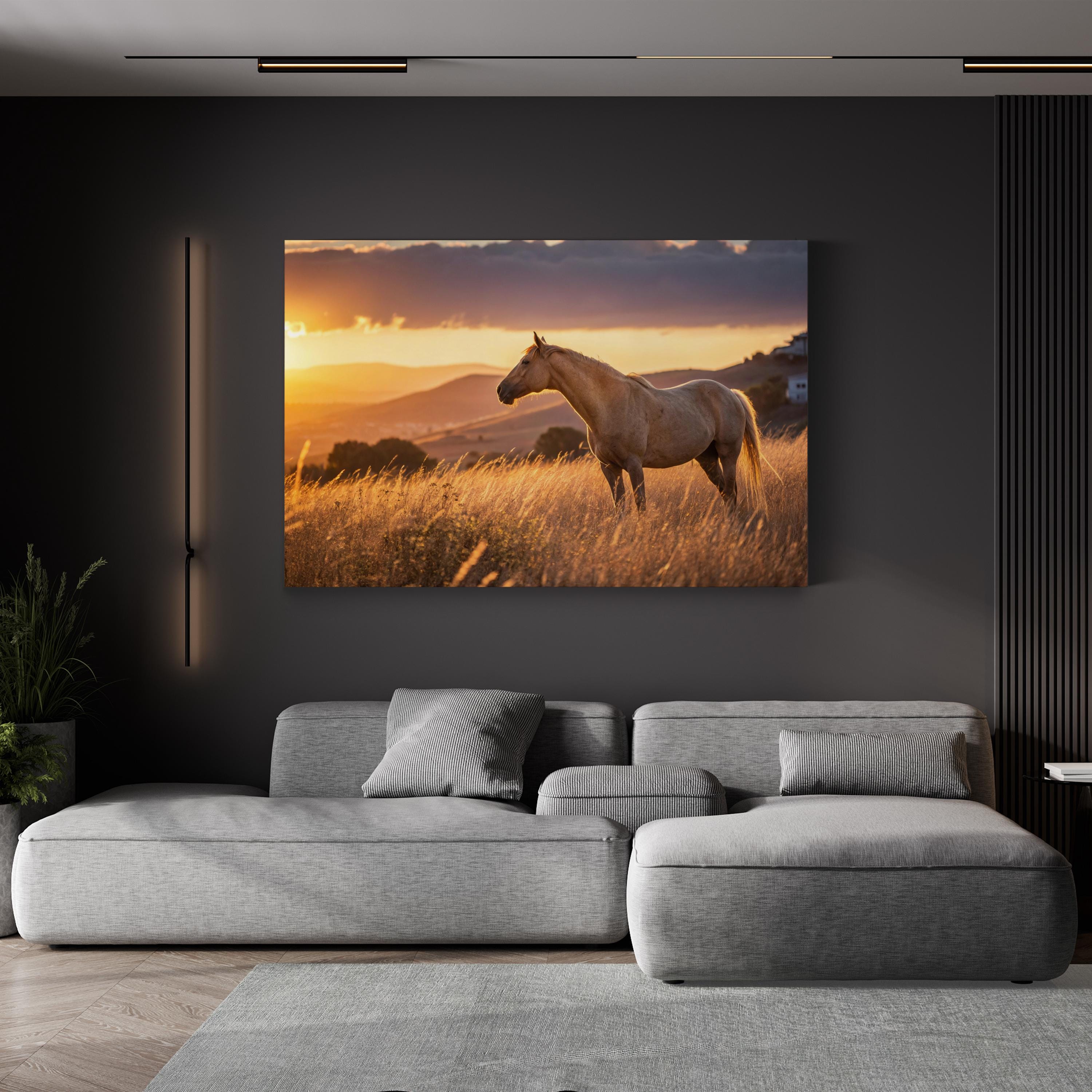 Golden Horse at Sunset – Vintage Photography Wall Art | Western Landscape Canvas Print