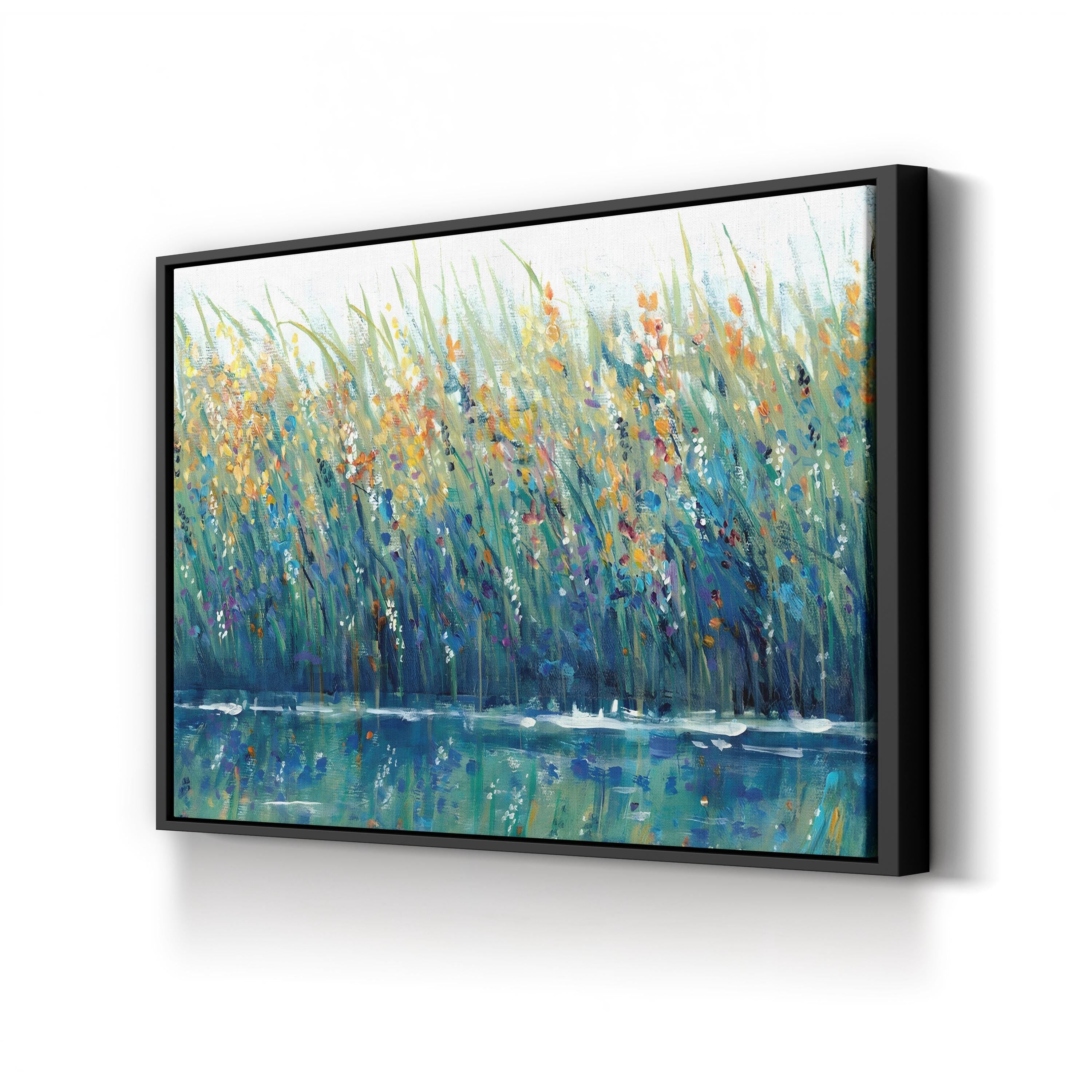 Wildflower Meadow Reflection – Period Illustration Wall Art | Tranquil Landscape Canvas Print