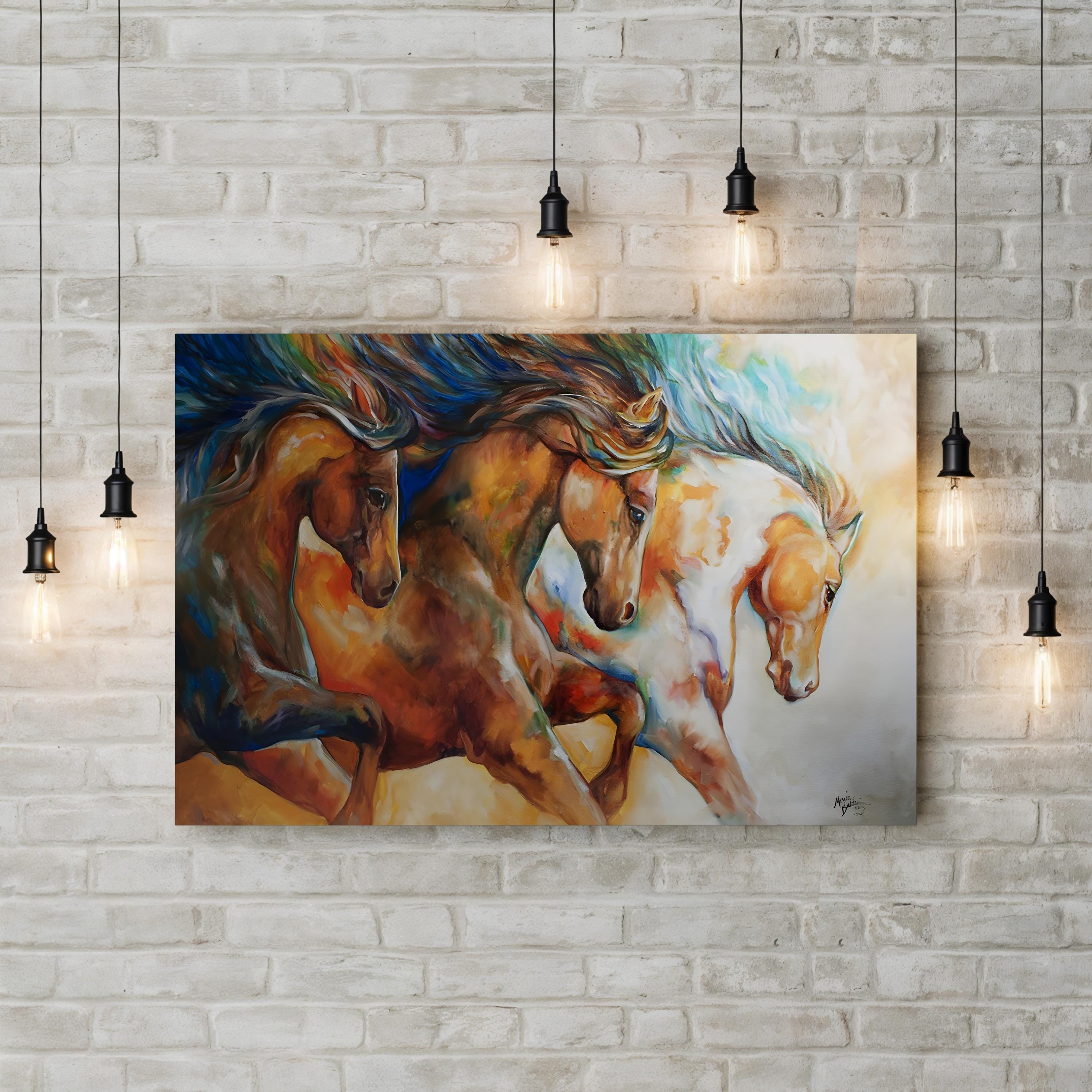 Wild Mustangs Galloping Free – Period Illustration Wall Art | Western Landscape Canvas Print
