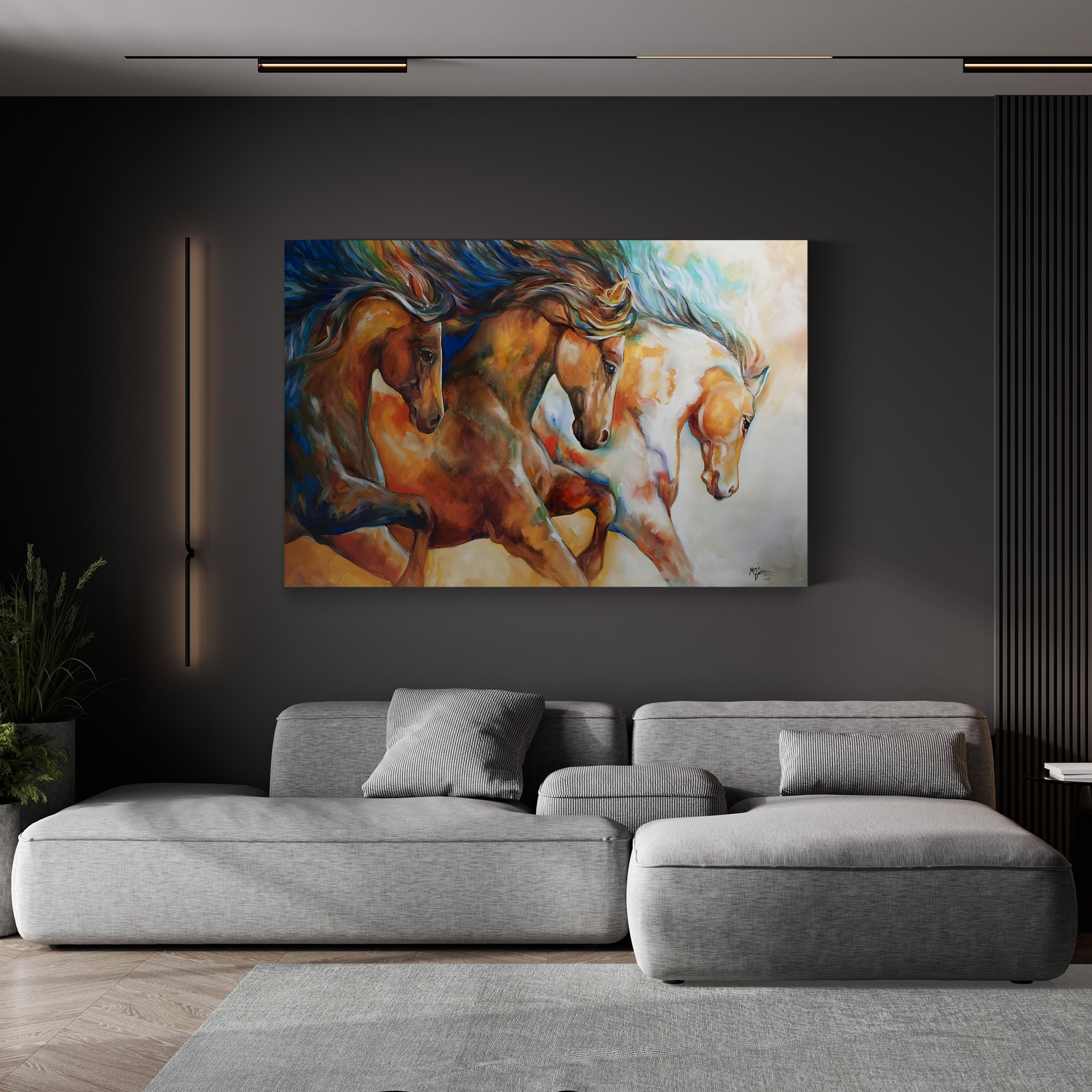 Wild Mustangs Galloping Free – Period Illustration Wall Art | Western Landscape Canvas Print