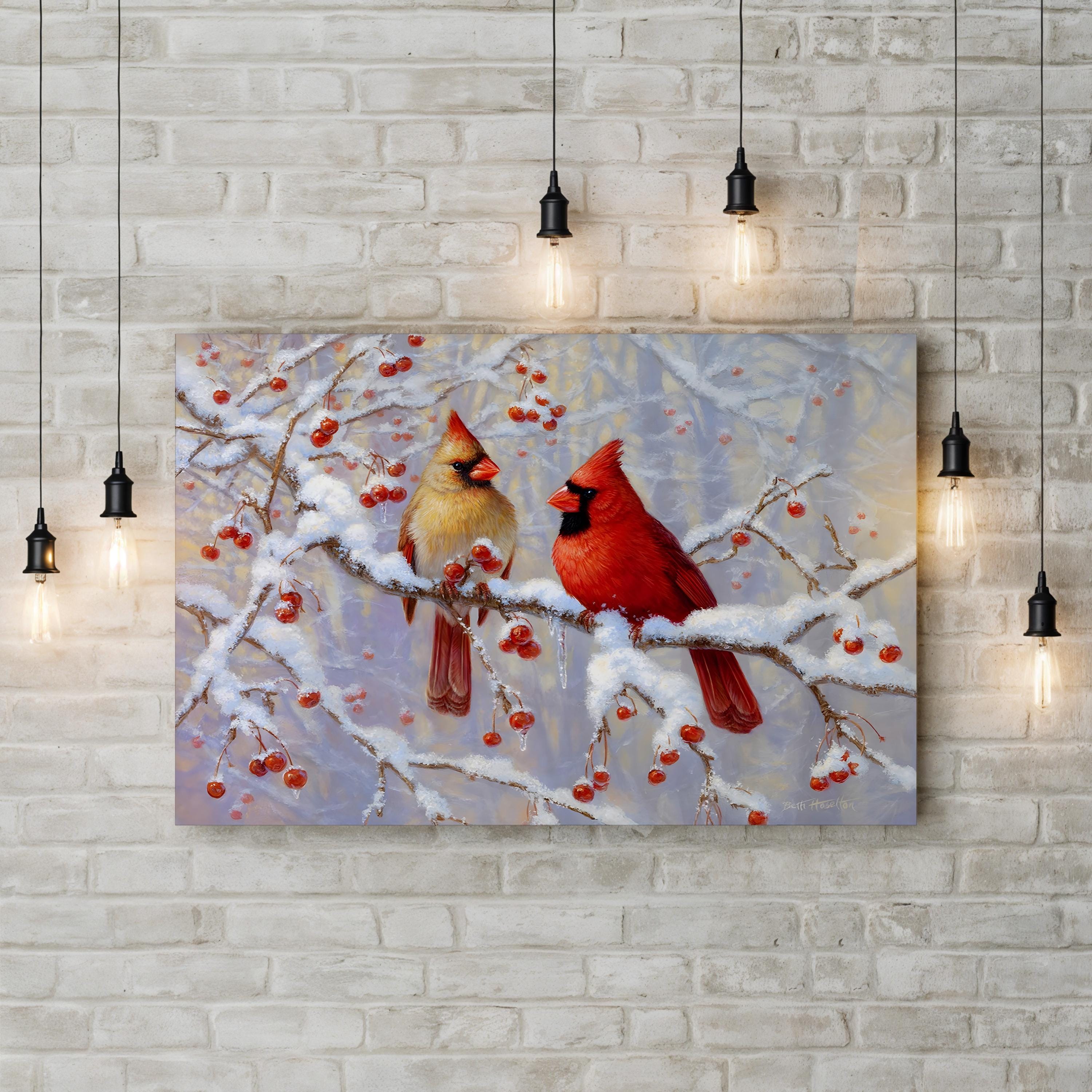 Winter Cardinals on Snowy Branches – Period Illustration Wall Art | Holiday Canvas Print