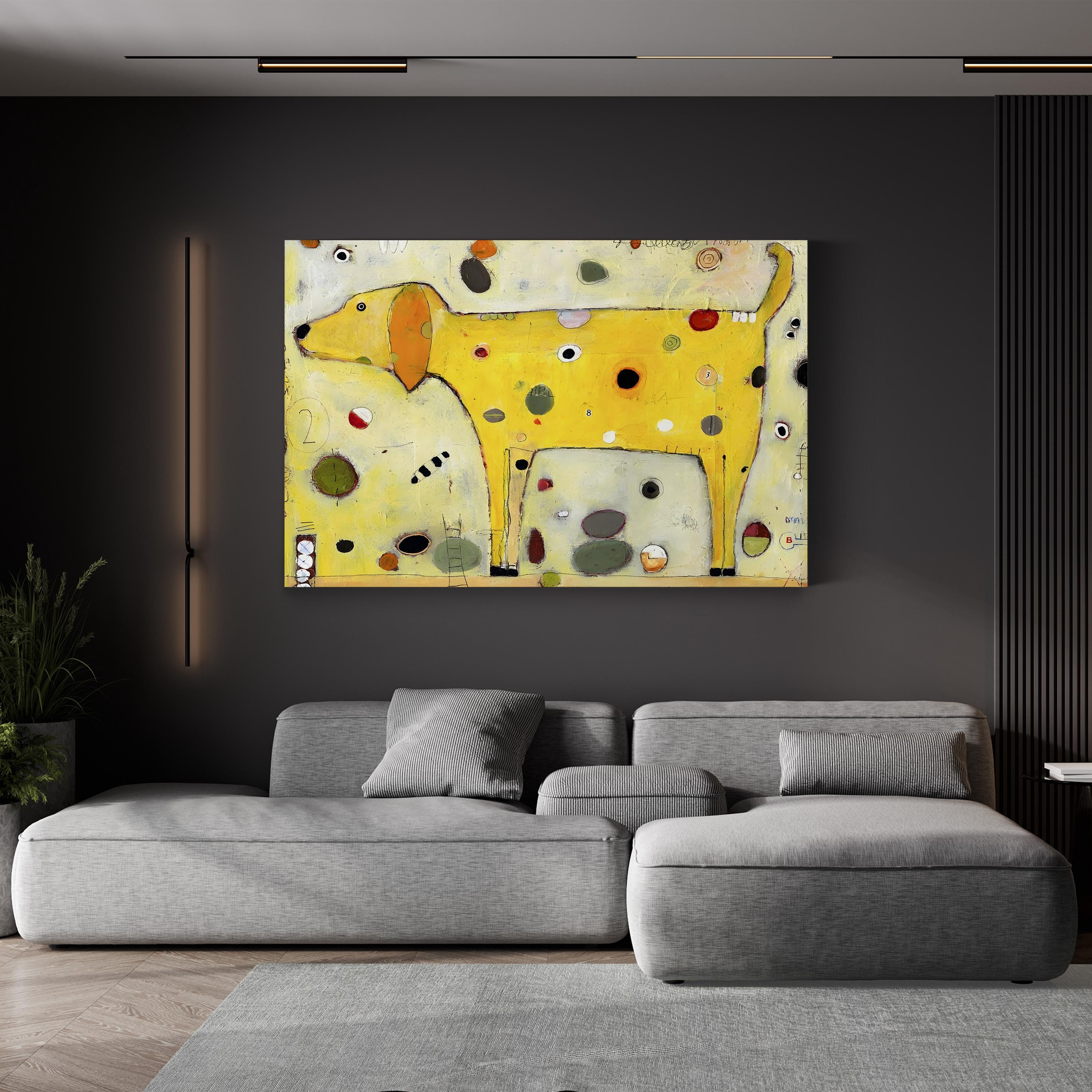 Yellow Wall Art – Playful Contemporary Dog Artwork by Jill Mayberg
