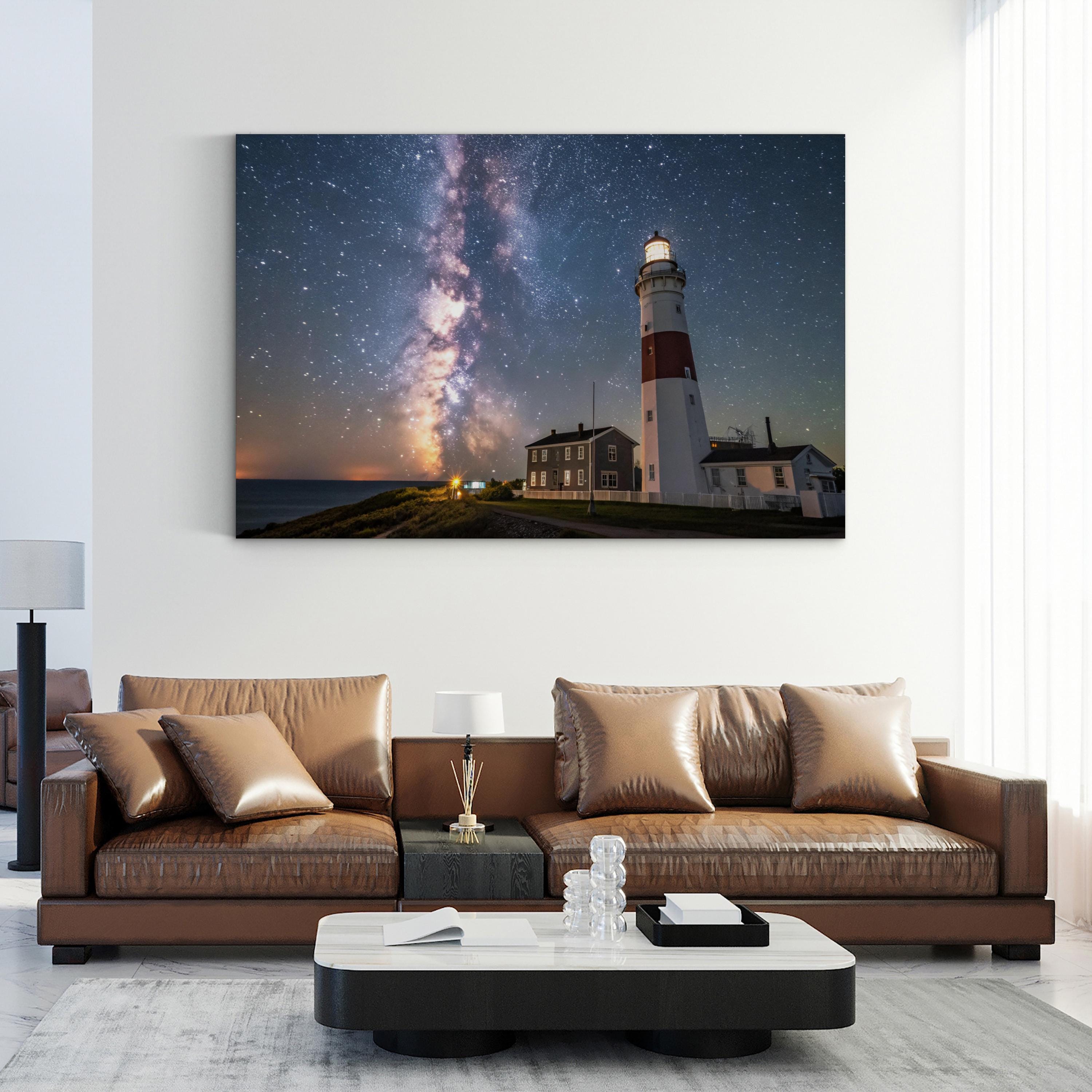 Lighted Lighthouse Galaxy Sky – Vintage Photography Wall Art | Cosmic Canvas Print