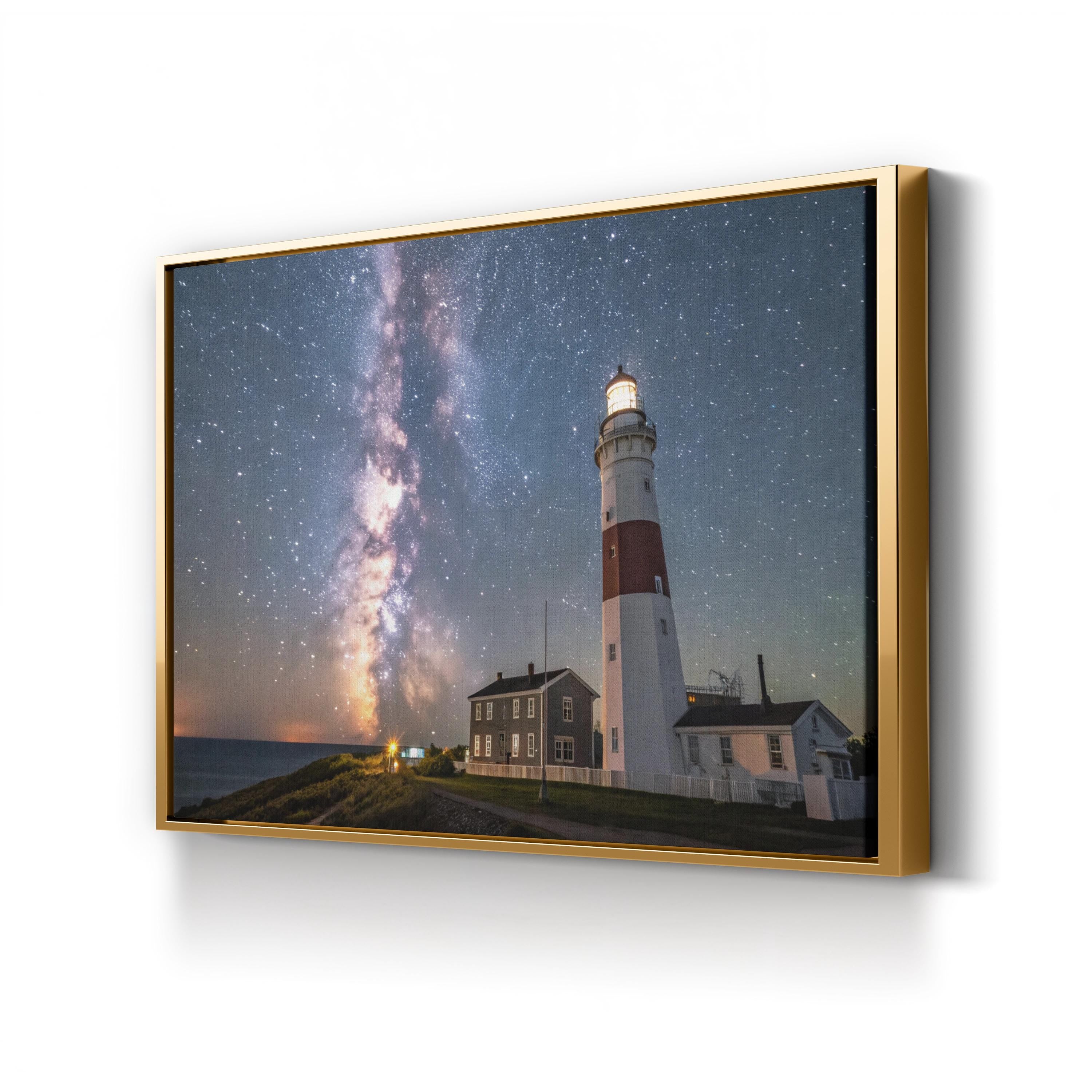 Lighted Lighthouse Galaxy Sky – Vintage Photography Wall Art | Cosmic Canvas Print
