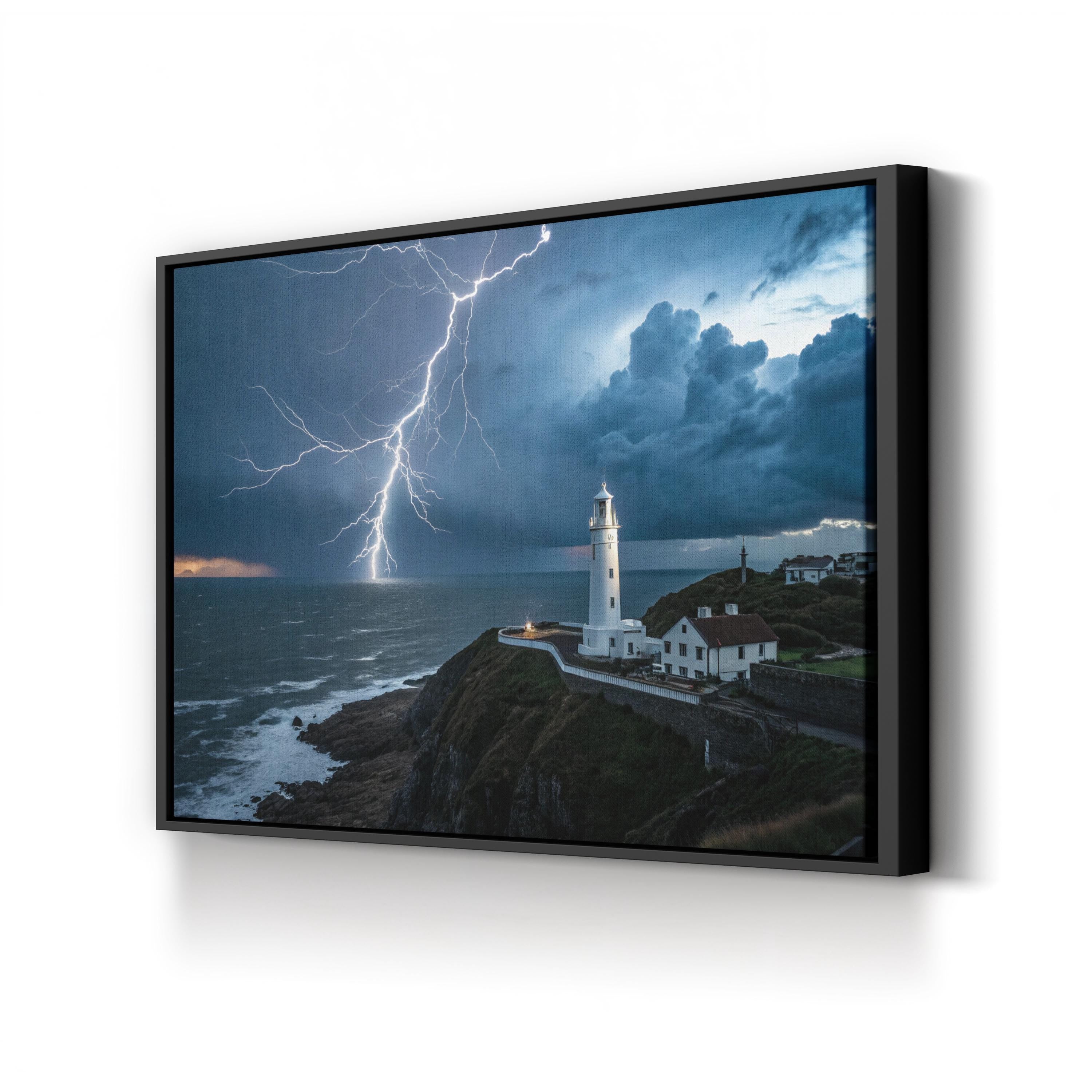 Framed Lighthouse Coastal Storm – Vintage Photography Wall Art | Nautical Canvas Print