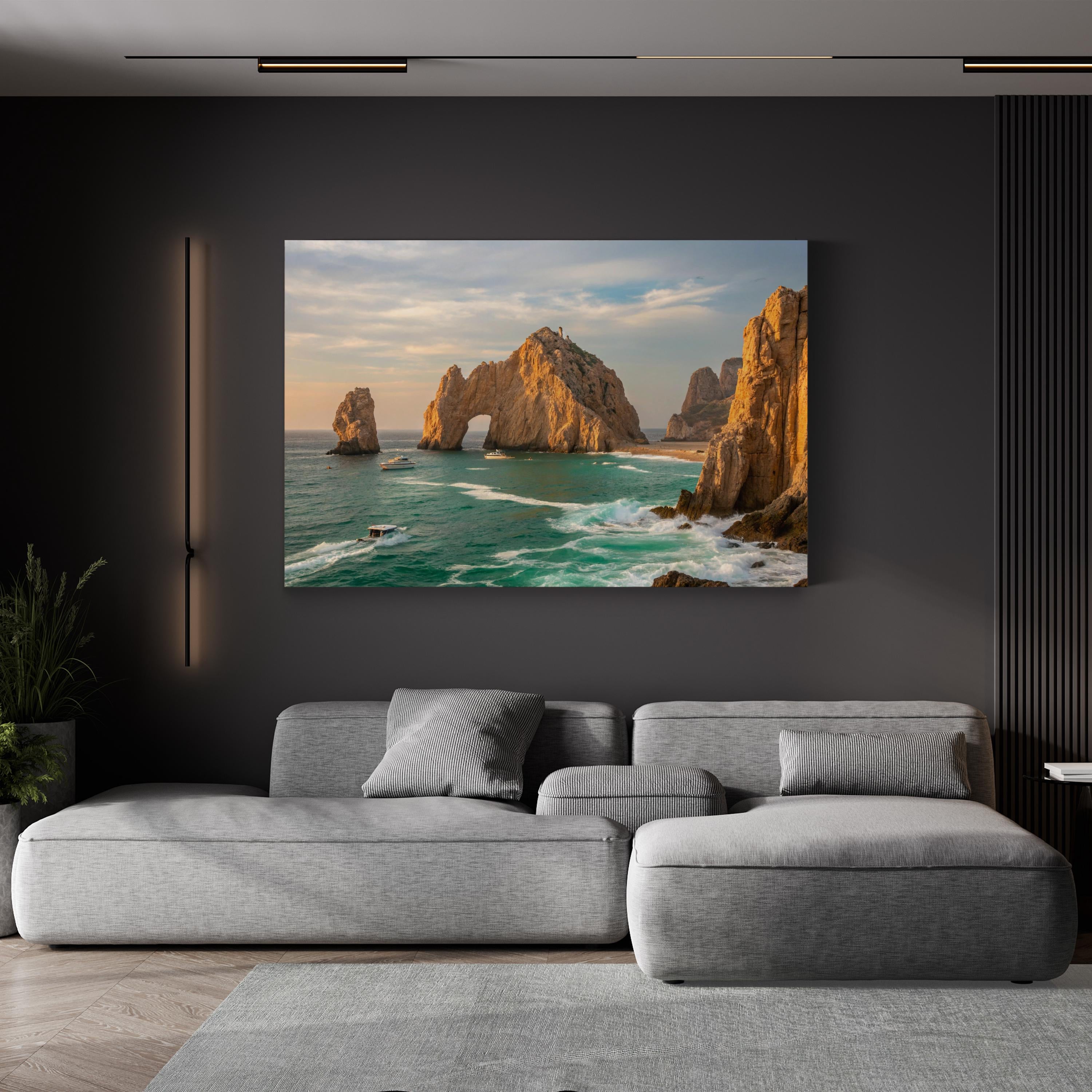 Beach Sunset Canvas Wall Art — Coastal Rock Formation Ocean Landscape Print