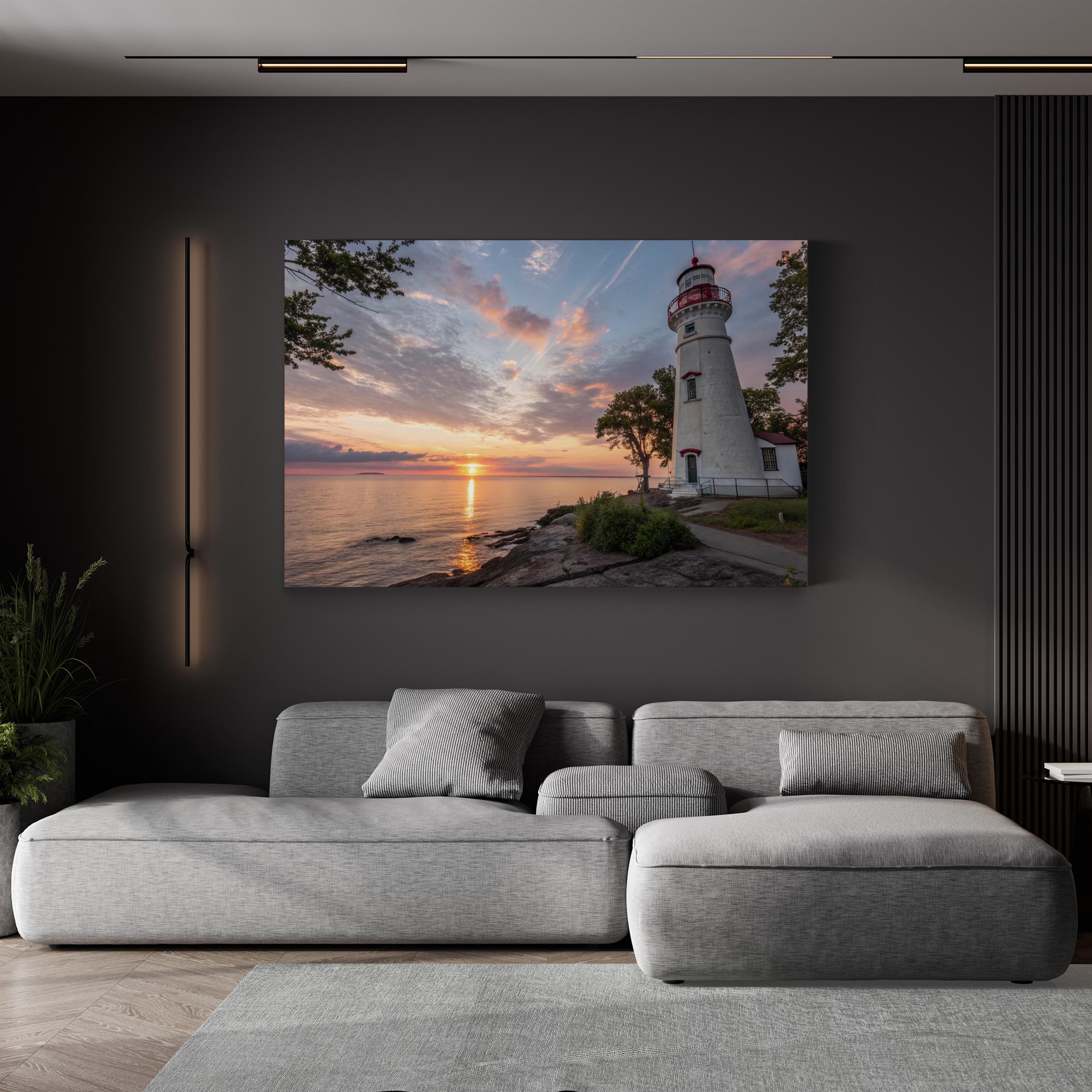 Marblehead Lighthouse Canvas Wall Art: Marblehead Ohio Sunset Coastal Landscape Print